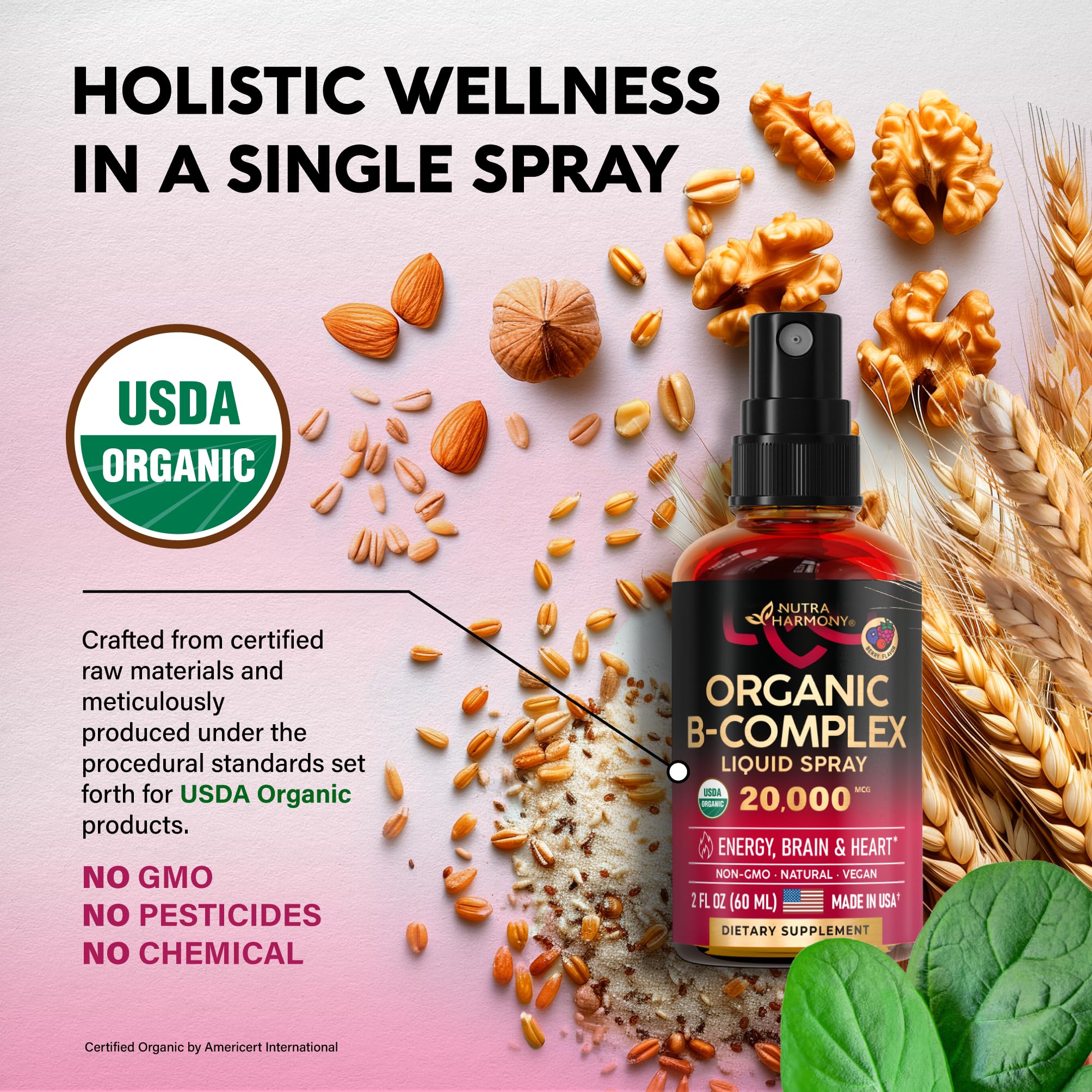 Foto 4 pulgar | Aerosol Líquido de Complejo Vitamina B Nutraharmony 60 ml Usda Organic - Venta Internacional