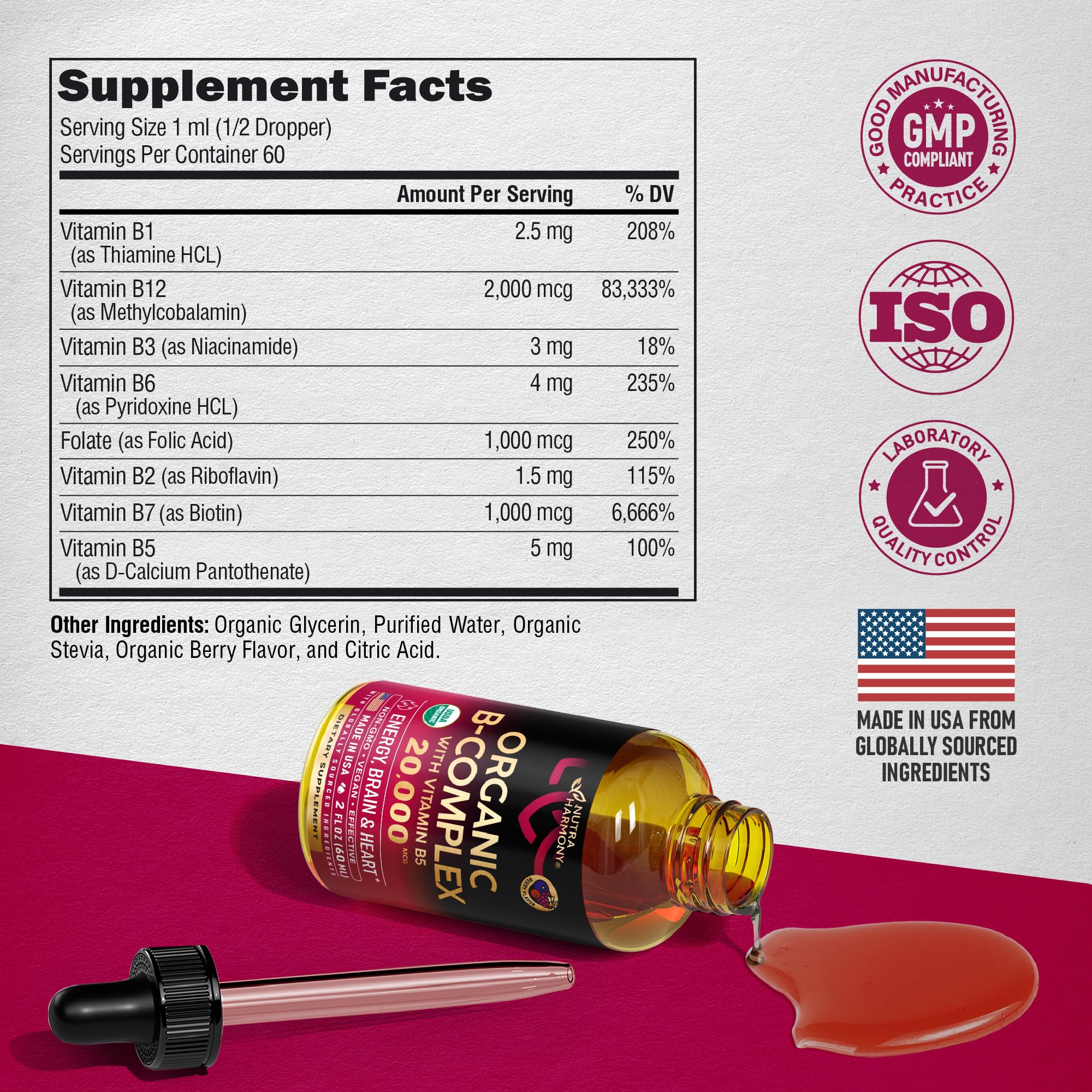 Foto 3 pulgar | Gotas Líquidas de Complejo Vitamina B Nutraharmony 60 ml Usda Organic - Venta Internacional
