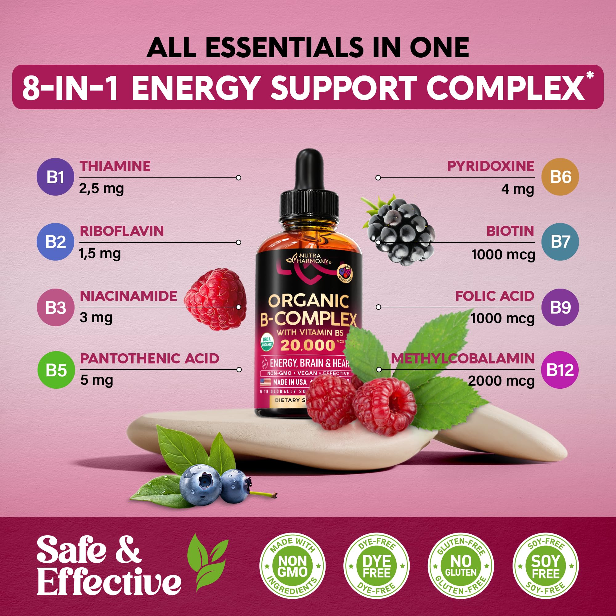 Foto 4 pulgar | Gotas Líquidas de Complejo Vitamina B Nutraharmony 60 ml Usda Organic - Venta Internacional