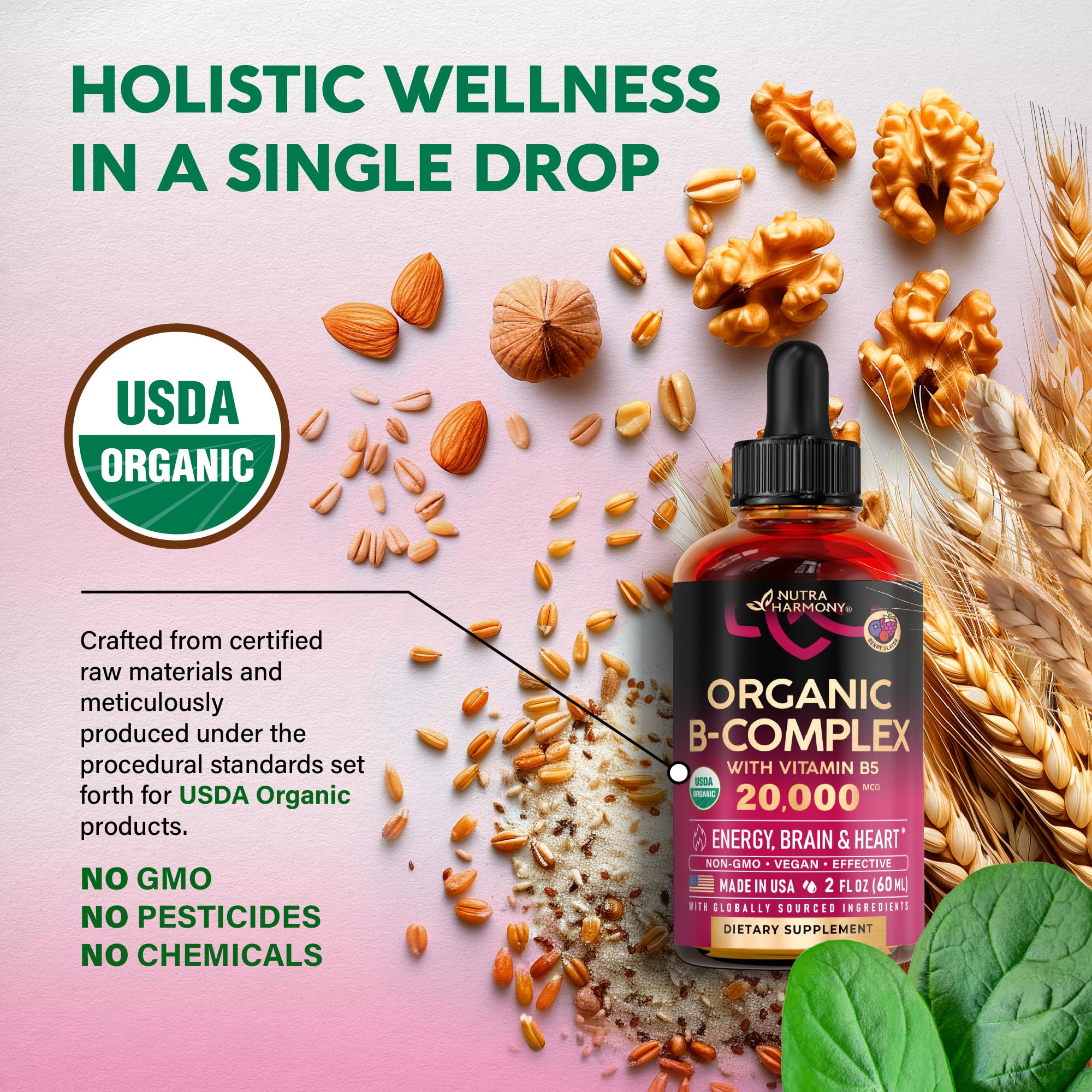 Foto 4 | Gotas Líquidas de Complejo Vitamina B Nutraharmony 60 ml Usda Organic - Venta Internacional