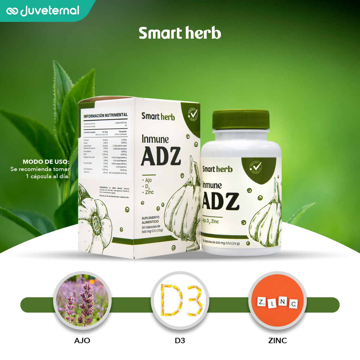 Foto 3 pulgar | Suplemento Alimenticio Smart Herb Paquete Inmune Adz 2 Piezas 30 Cápsulas c/u con Ajo Vitamina D3 y Zinc