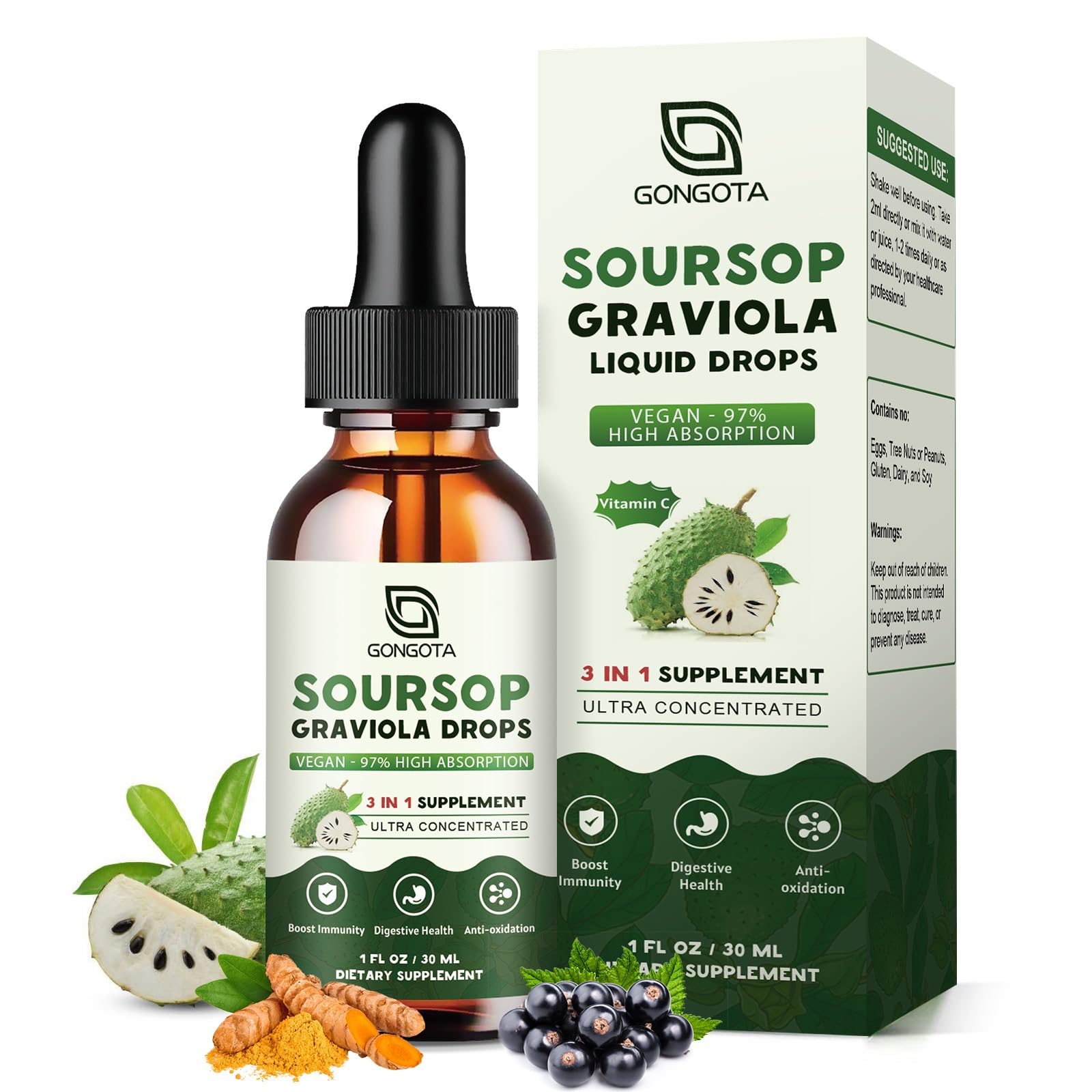 Foto 2 pulgar | Gotas Líquidas de Guanábana y Graviola Gongota con Saúco y Cúrcuma 30 ml - Venta Internacional