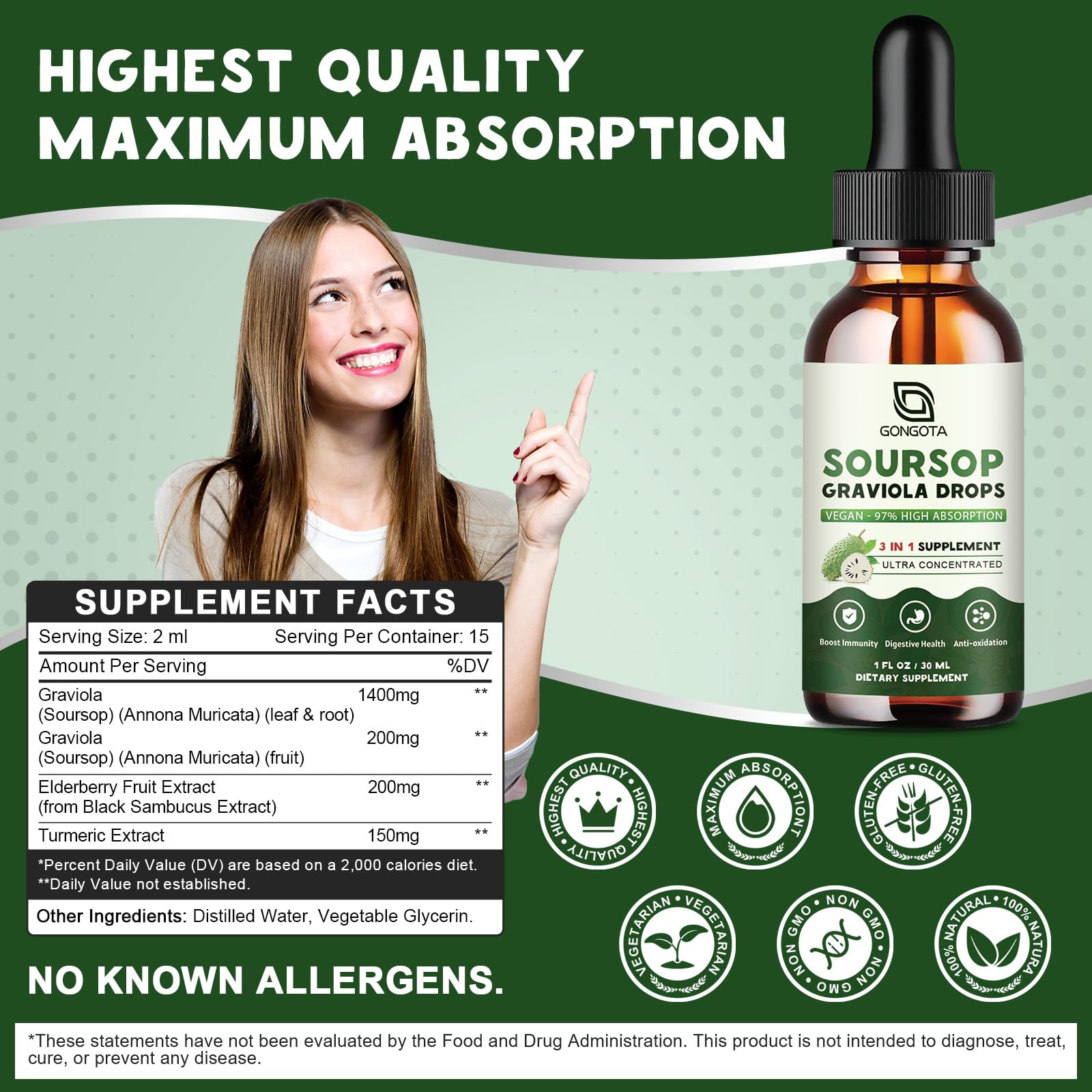 Foto 3 pulgar | Gotas Líquidas de Guanábana y Graviola Gongota con Saúco y Cúrcuma 30 ml - Venta Internacional