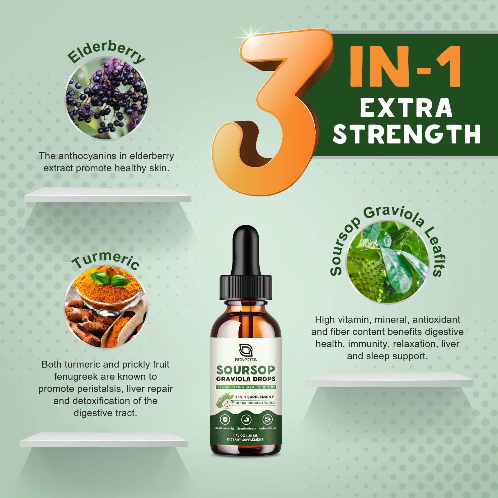 Foto 4 pulgar | Gotas Líquidas de Guanábana y Graviola Gongota con Saúco y Cúrcuma 30 ml - Venta Internacional