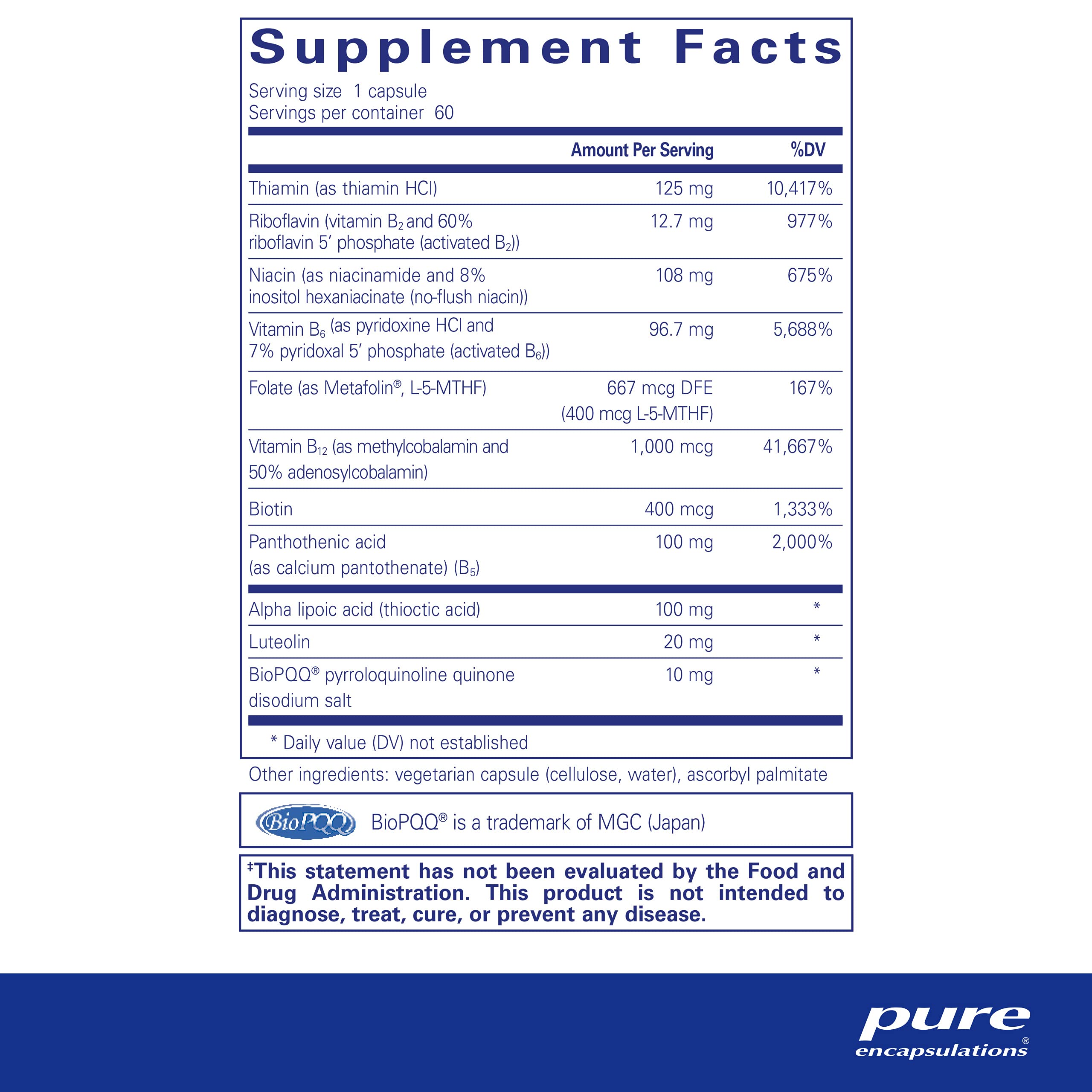Foto 3 pulgar | Suplemento Pure Encapsulations Ultra B-Complex con PQQ 60 Cápsulas  - Venta Internacional