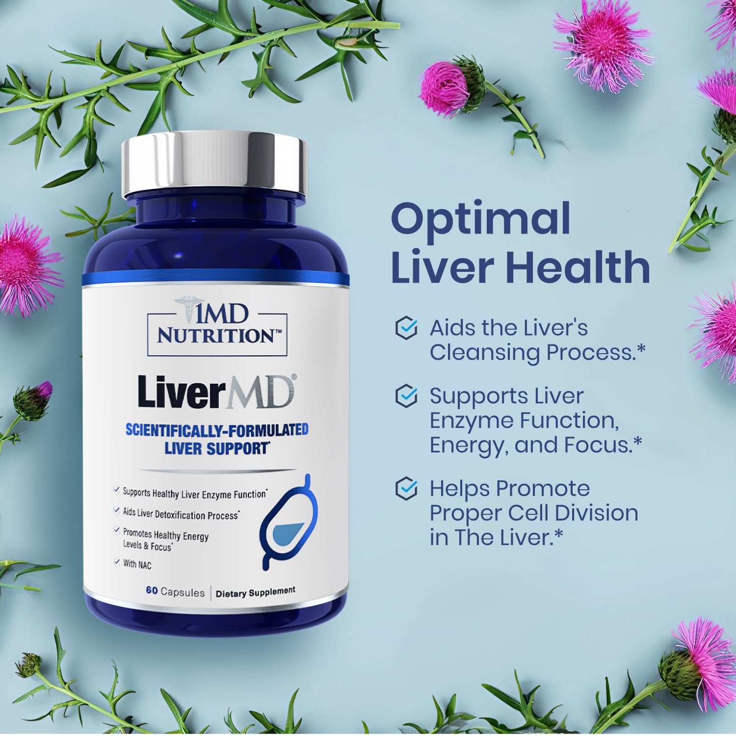 Foto 2 | Suplemento 1MD Livermd Liver Support Siliphos Milk Thistle Paquete de 2 Frascos con 60 Cápsulas C/U - Venta Internacio