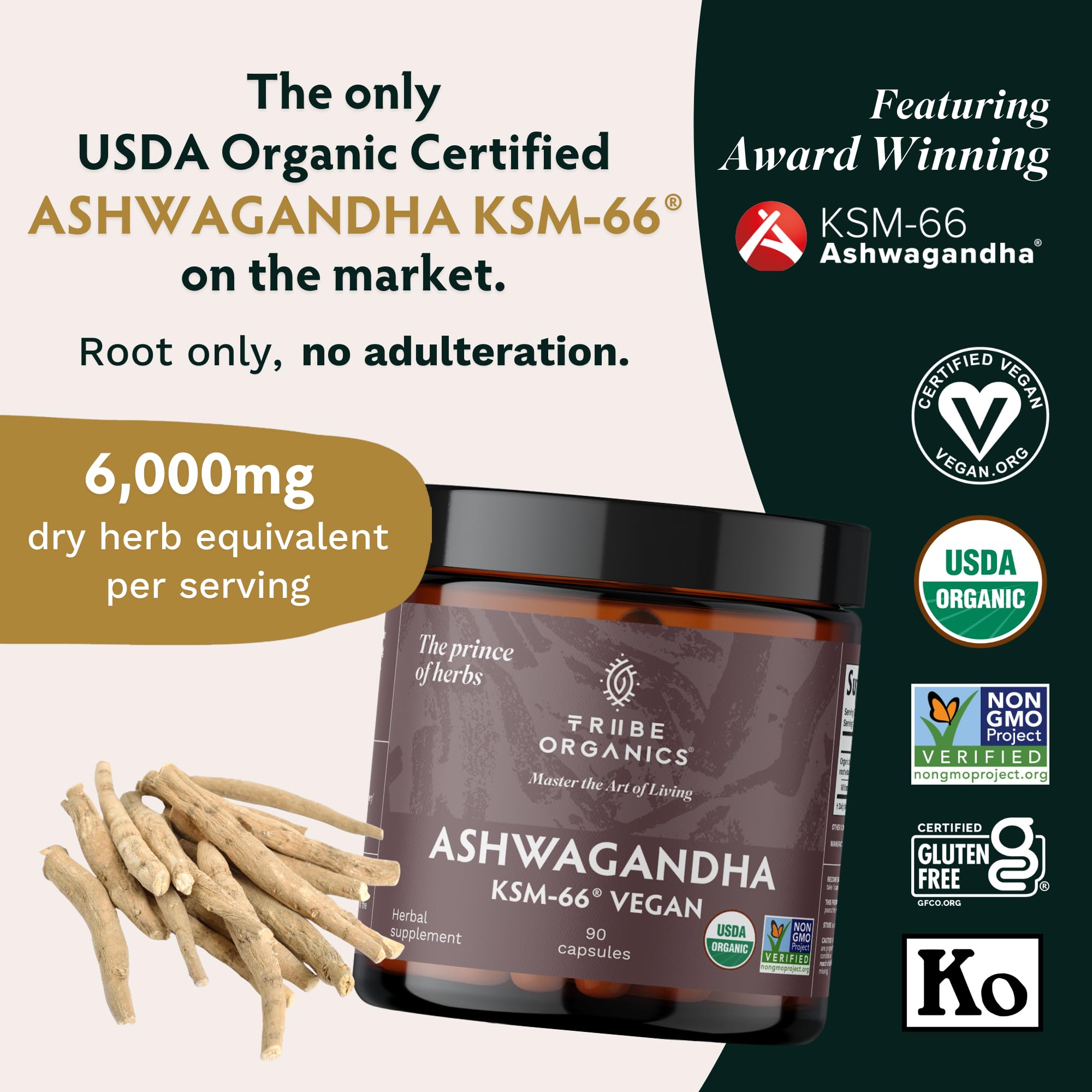 Foto 3 pulgar | Suplemento Tribe Organics Ashwagandha Ksm 66 Root 600 Mg 90 Cápsulas - Venta Internacional
