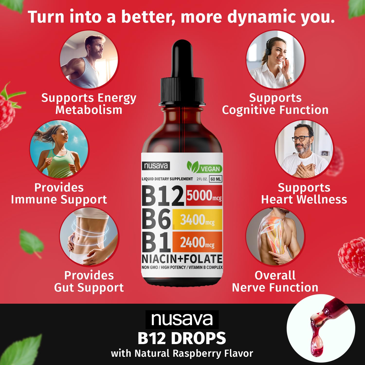 Foto 3 pulgar | Gotas Líquidas de Vitamina B12 Nusava 5000 Mcg B6 B1 Vegan 2 Piezas - Venta Internacional