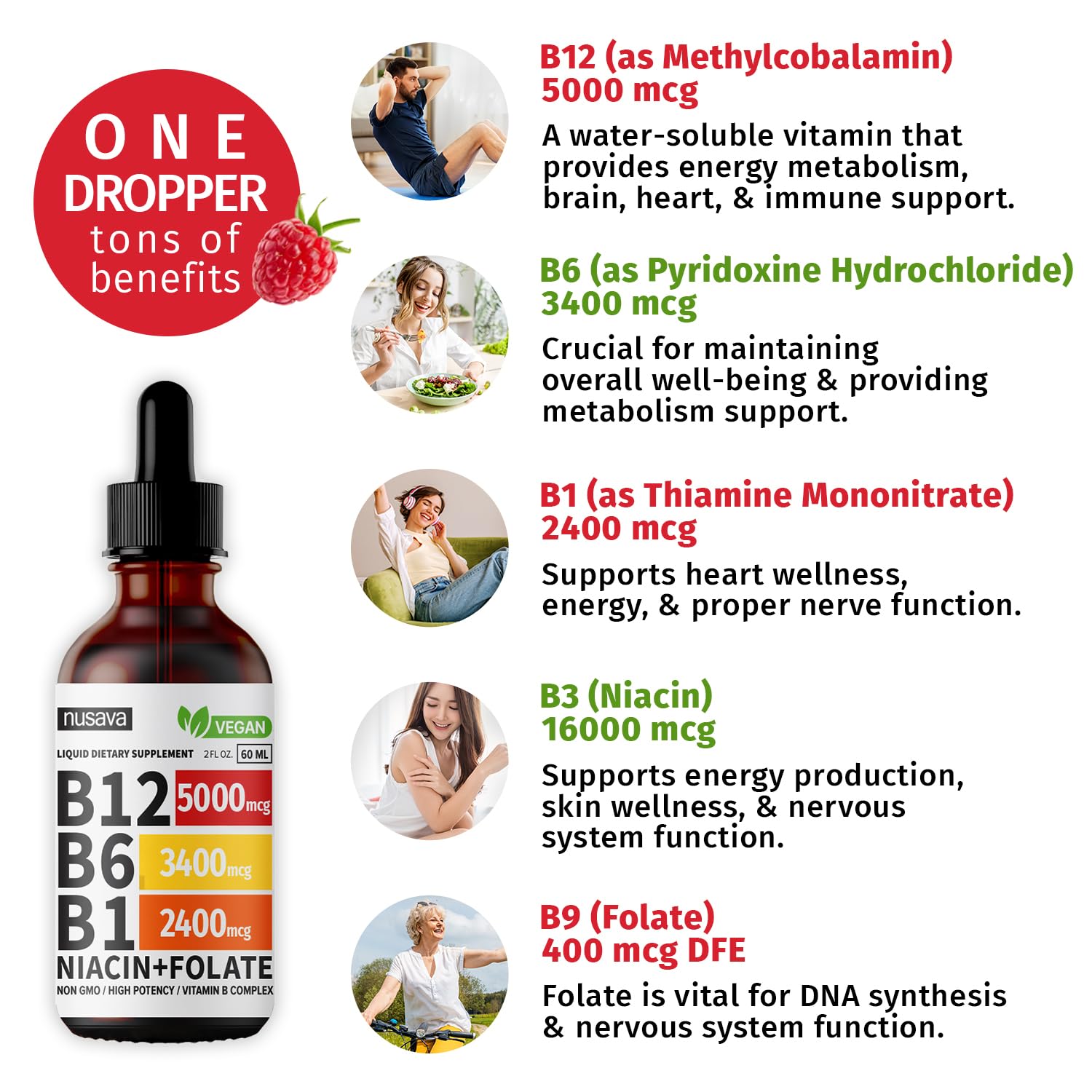 Foto 5 pulgar | Gotas Líquidas de Vitamina B12 Nusava 5000 Mcg B6 B1 Vegan 2 Piezas - Venta Internacional