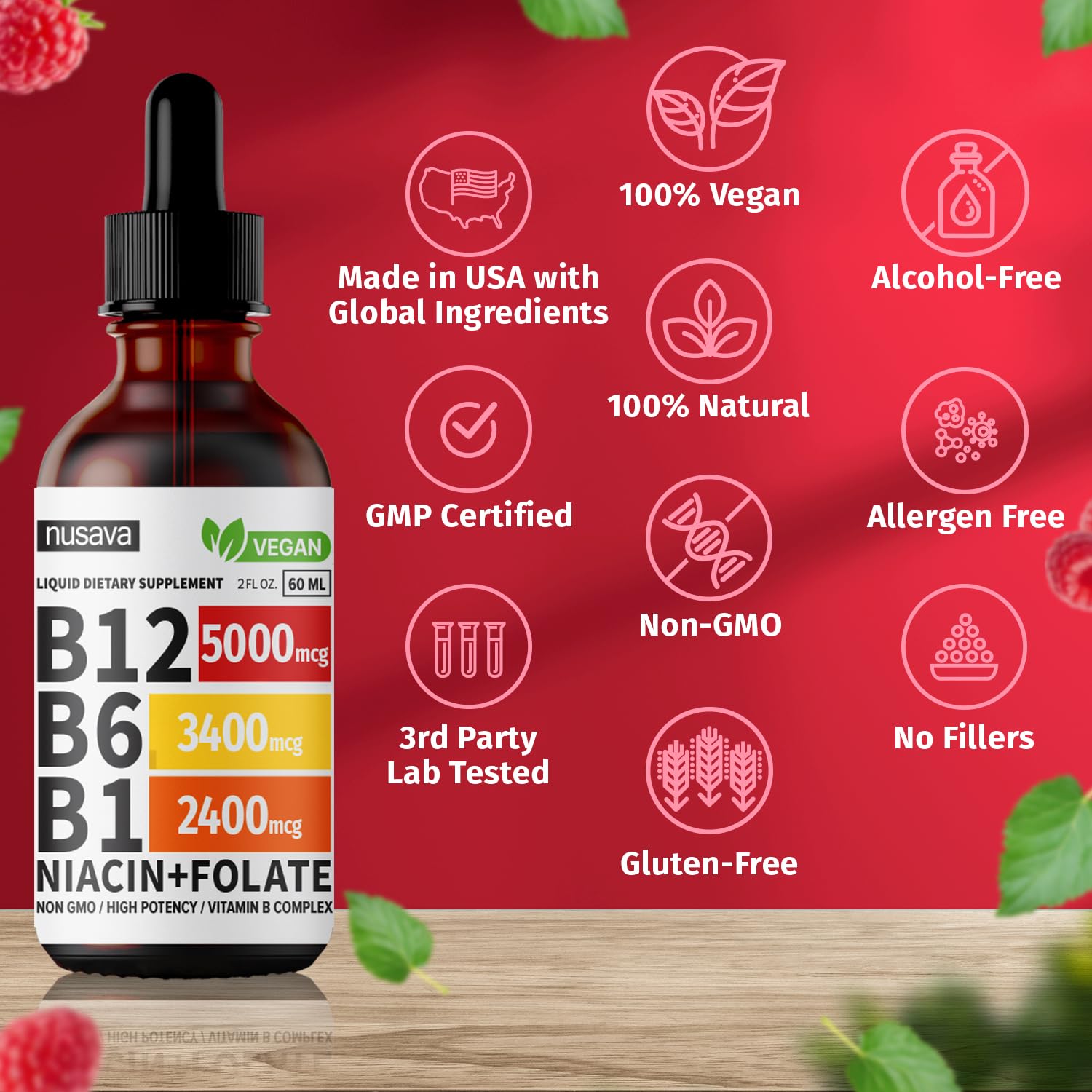 Foto 6 pulgar | Gotas Líquidas de Vitamina B12 Nusava 5000 Mcg B6 B1 Vegan 2 Piezas - Venta Internacional