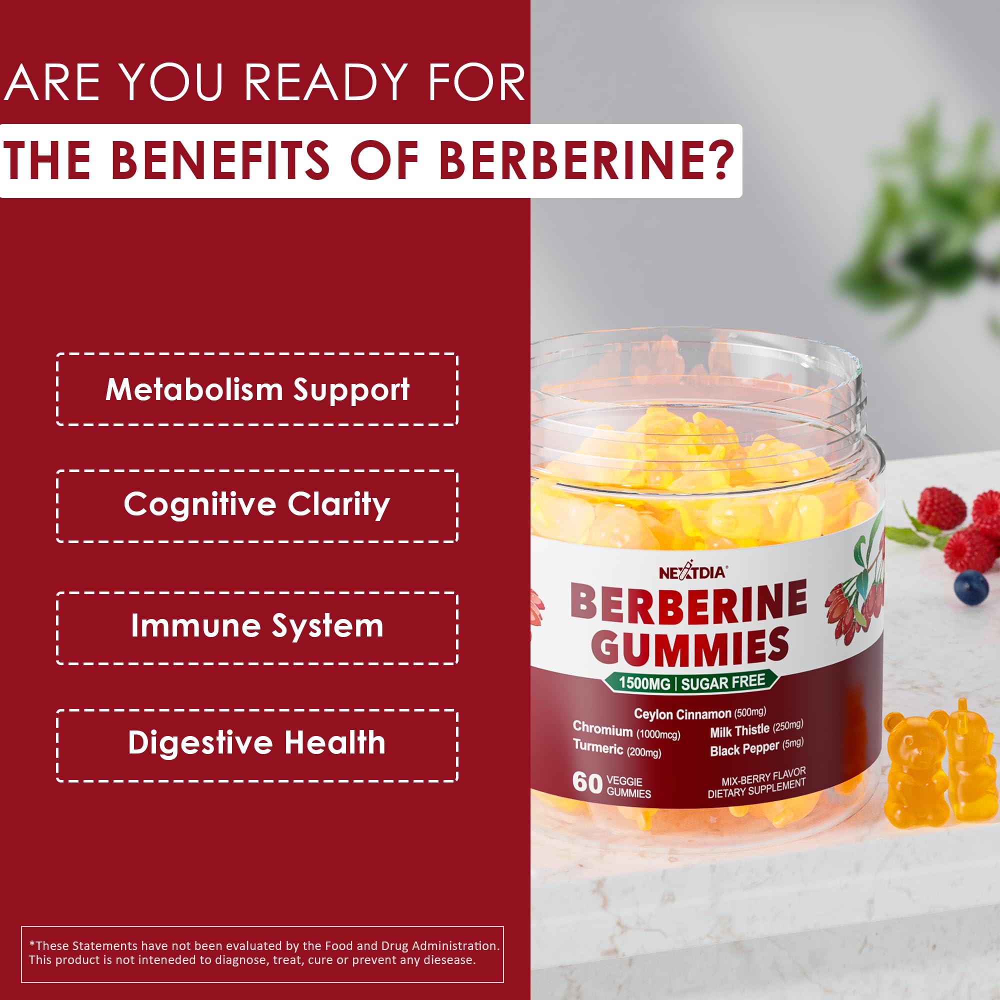 Foto 3 | Suplemento Nextdia Berberine 1500 mg con Gomitas de Canelade Ceilán - Venta Internacional