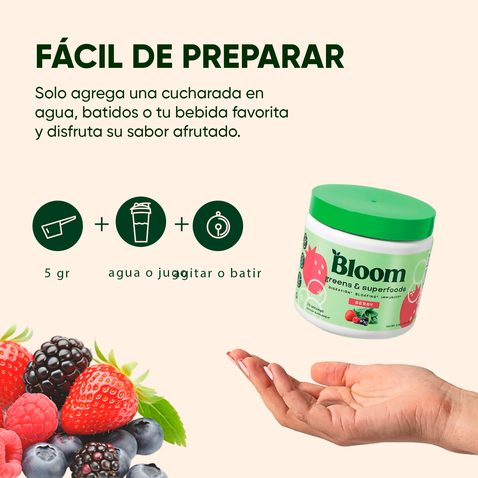 Foto 4 | Bloom Nutrition Super Greens Powder Frutos Rojos - Mezcla De Verduras, Fibra Y Probióticos - Suplemento Aliment