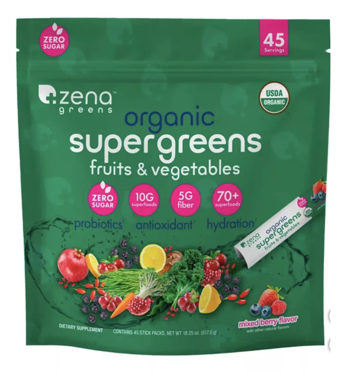 Zena USDA Organic Super Greens Powder 1 Bolsa con 45 Piezas