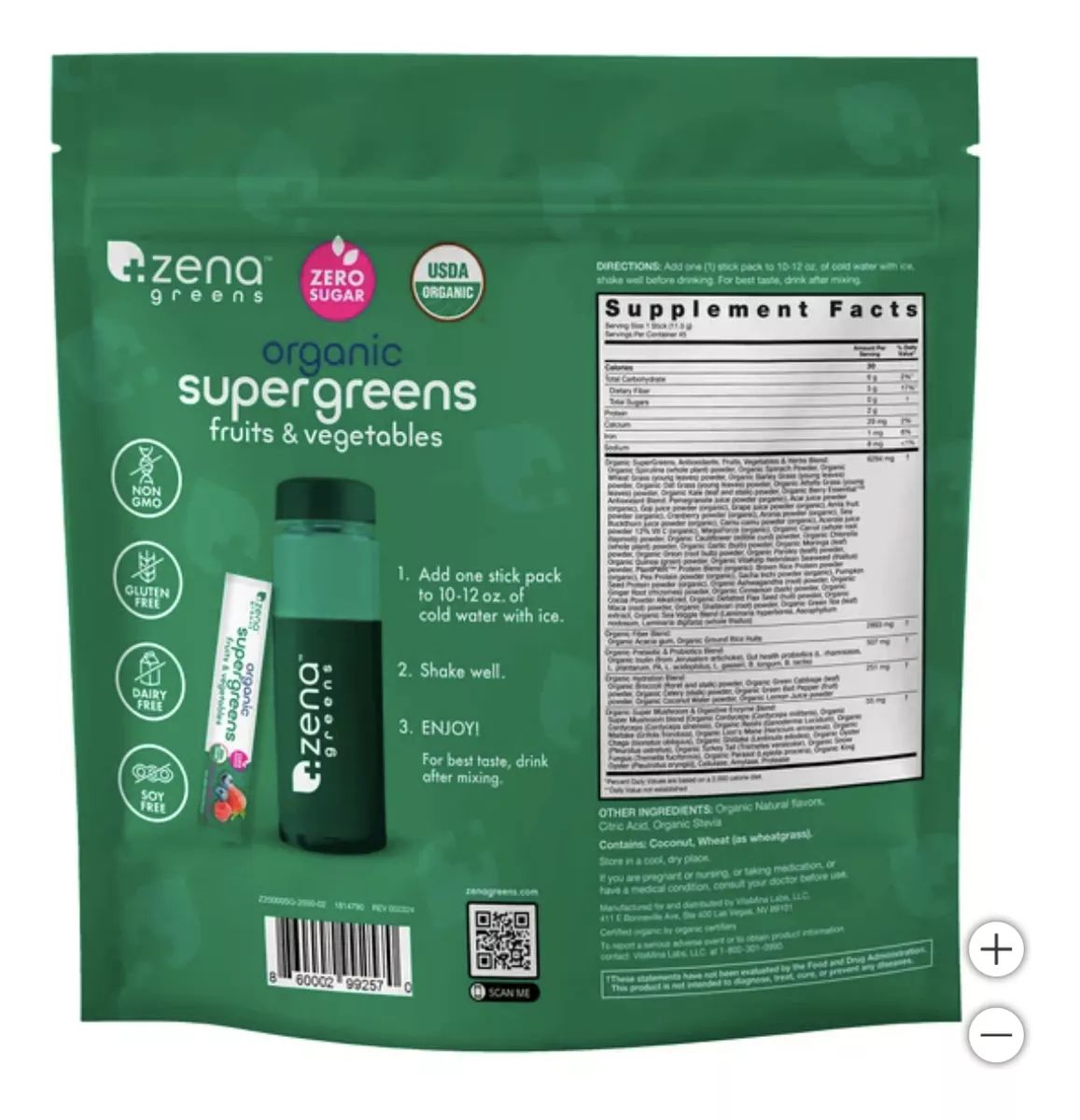 Foto 3 pulgar | Zena USDA Organic Super Greens Powder 1 Bolsa con 45 Piezas