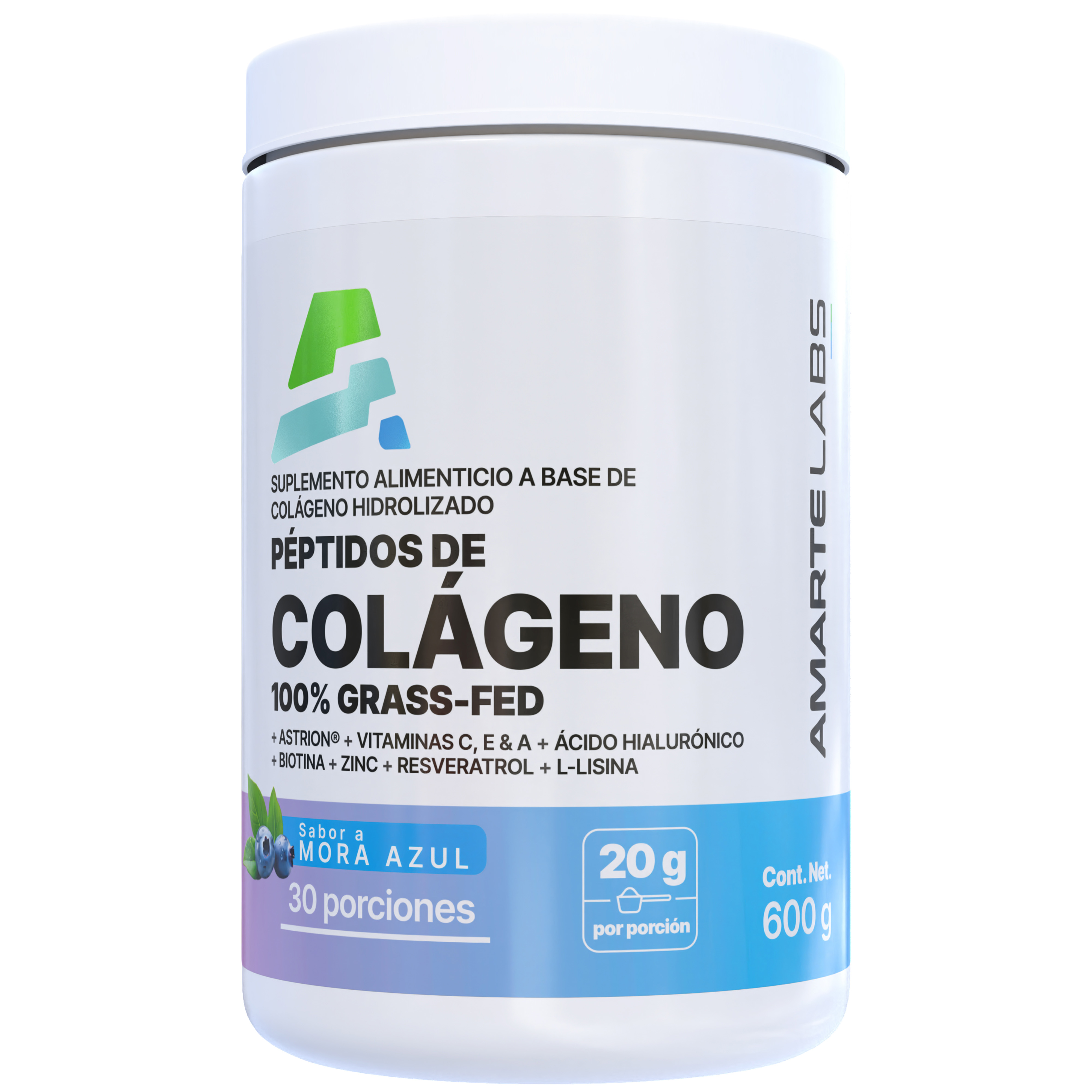 Suplemento Alimenticio Péptidos de Colágeno Amarte Labs 100% Grass-Fed Sabor Mora Azúl 600 gr