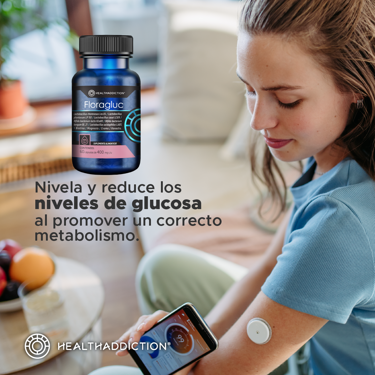 Foto 4 | Probióticos Healthaddiction Floragluc con Biotina Magnesio y Cromo 60 Cápsulas Veganas
