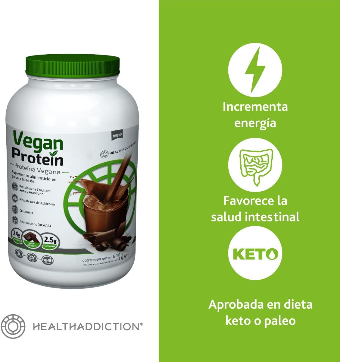 Foto 4 pulgar | Proteína Vegana HealthAddiction Sabor Chocolate con Glutamina y Aminoácidos 600 g