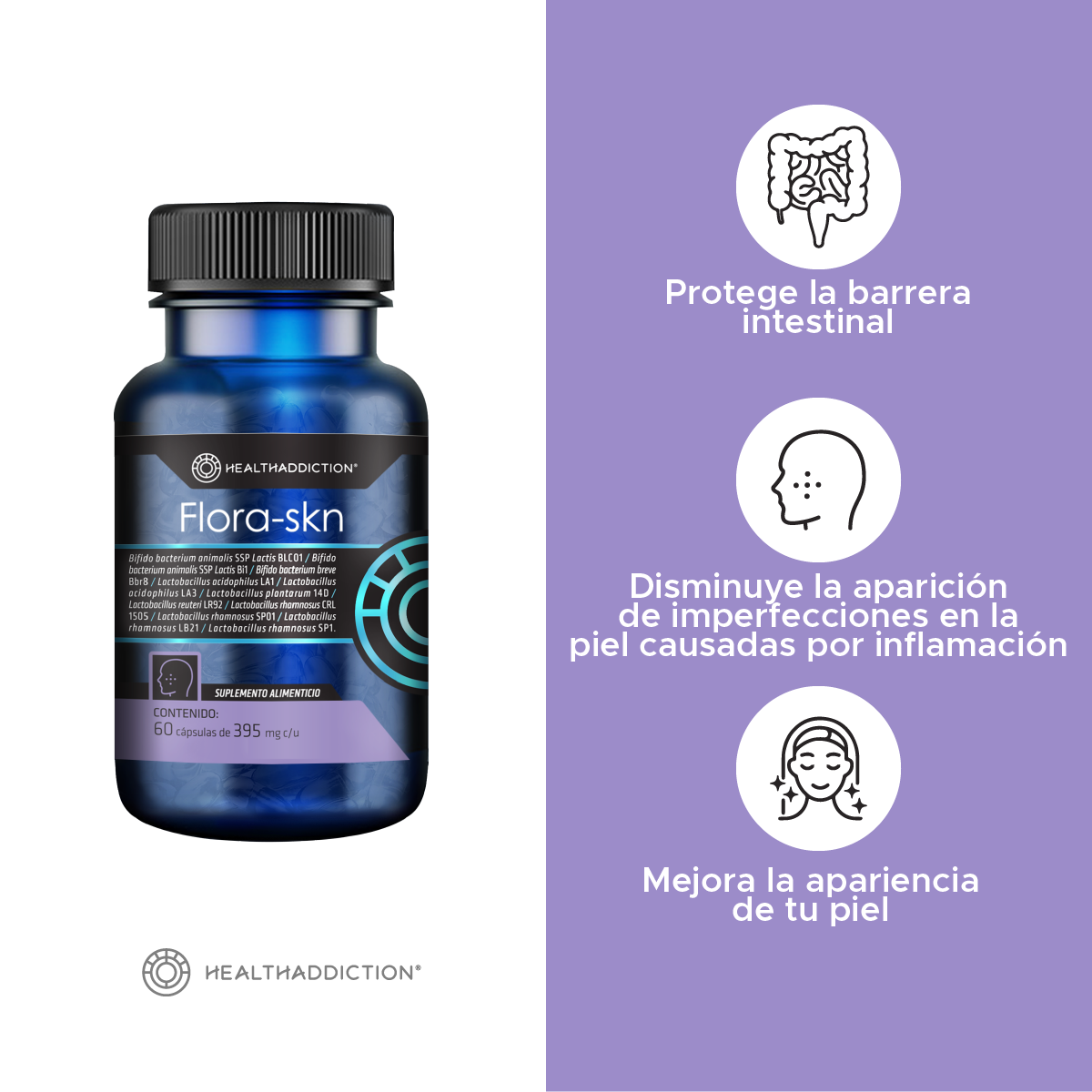 Foto 3 | Probióticos Healthaddiction Flora-skn 60 Cápsulas Veganas de 400 mg