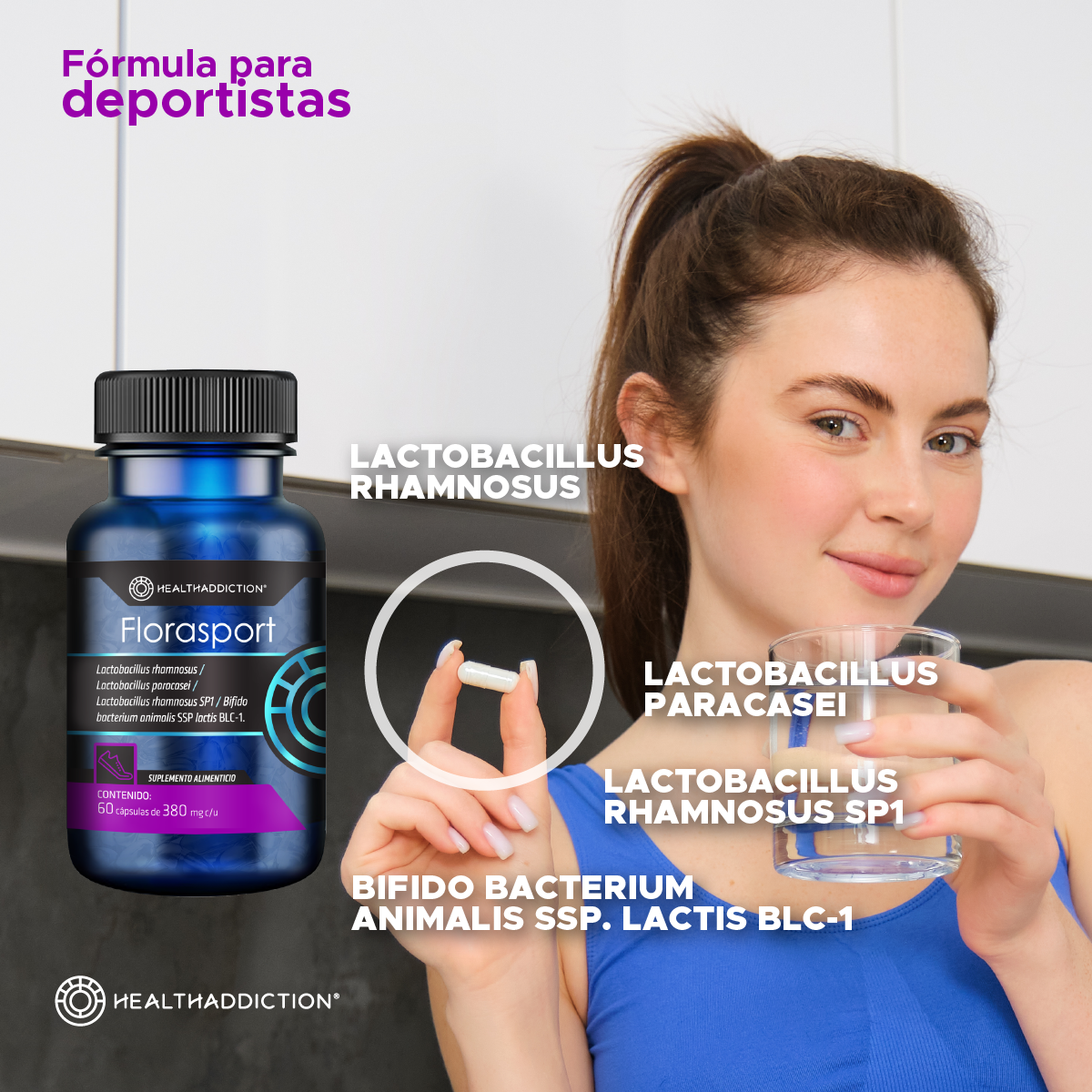 Foto 5 | Probióticos Healthaddiction Florasport  Apoya Rendimiento Deportivo 60 Cápsulas