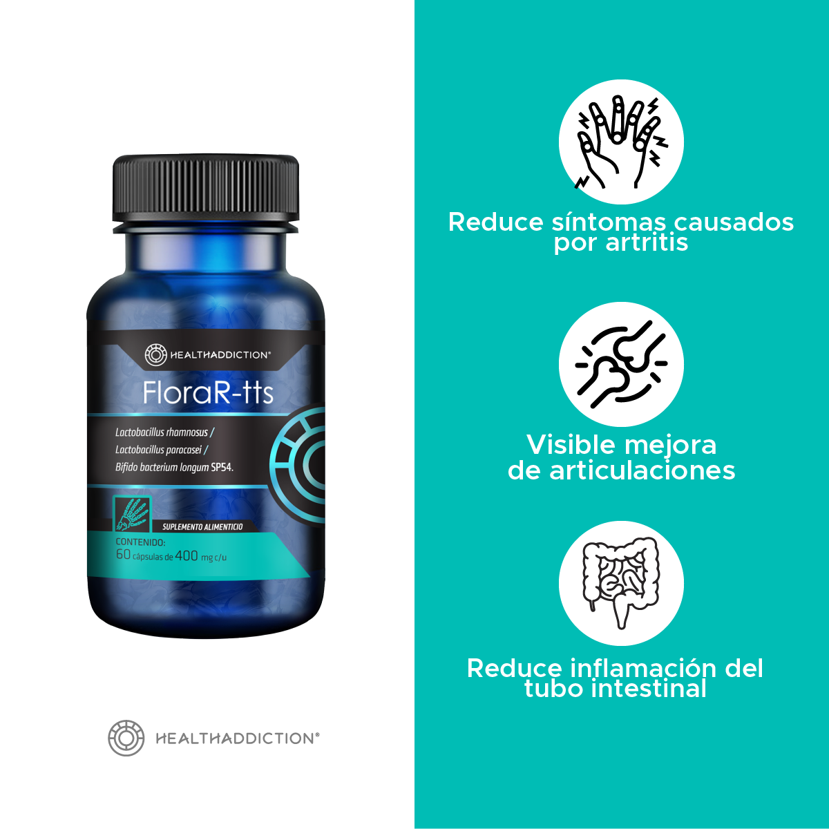 Foto 3 | Probióticos Healthaddiction Flora-rtts para Artritis y Salud Digestiva 60 Cápsulas Veganas