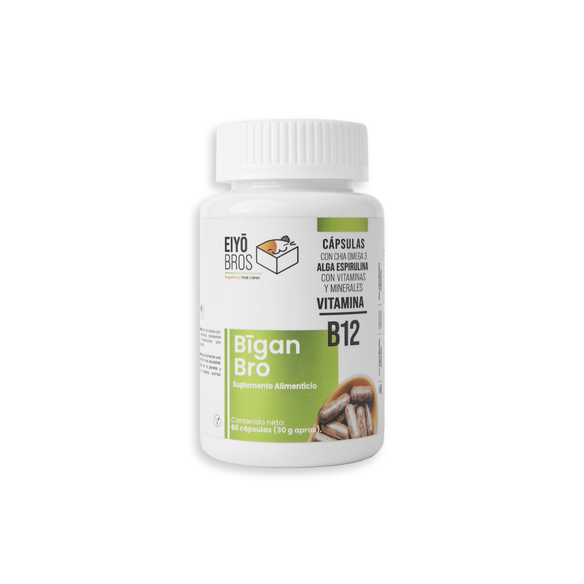 Bigan Bro Eiyo Bros Cápsulas veganas con Vitamina B12 + Chía + Omega 3 + Alga Espirulina +  Mix Vitamínico