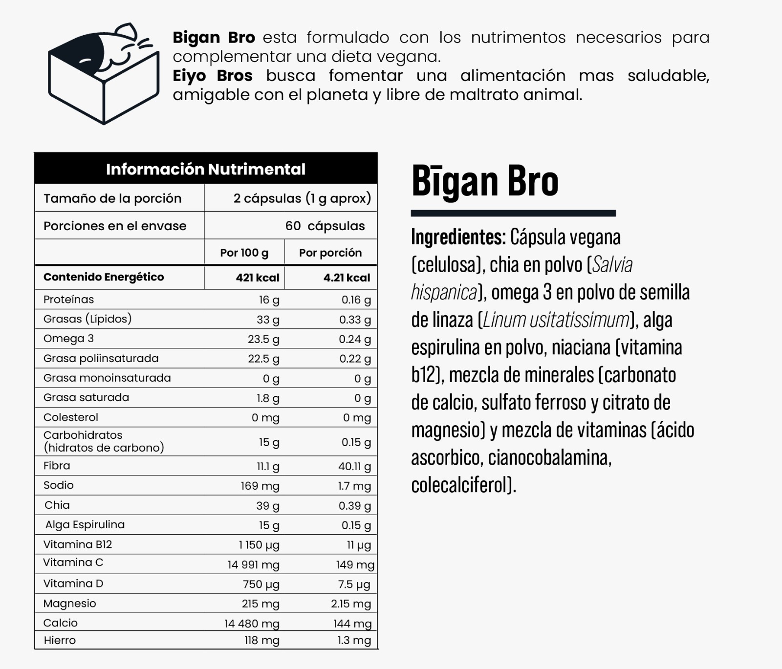Foto 6 pulgar | Bigan Bro Eiyo Bros Cápsulas veganas con Vitamina B12 + Chía + Omega 3 + Alga Espirulina +  Mix Vitamínico