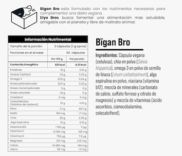 Foto 5 | Bigan Bro Eiyo Bros Cápsulas veganas con Vitamina B12 + Chía + Omega 3 + Alga Espirulina + Mix Vitamínico
