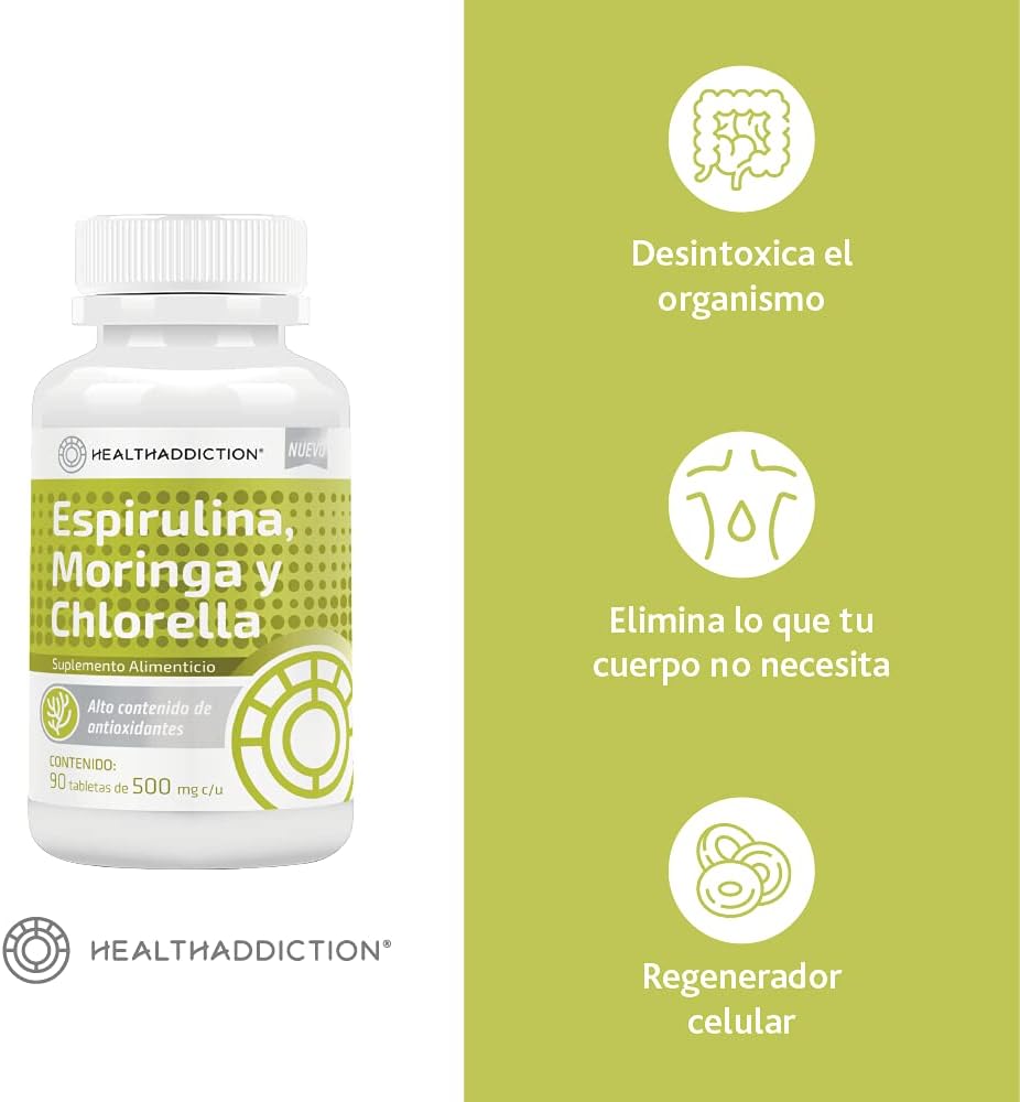 Foto 4 pulgar | Complejo de Espirulina + Chlorella + Moringa Healthaddiction 90 Cápsulas