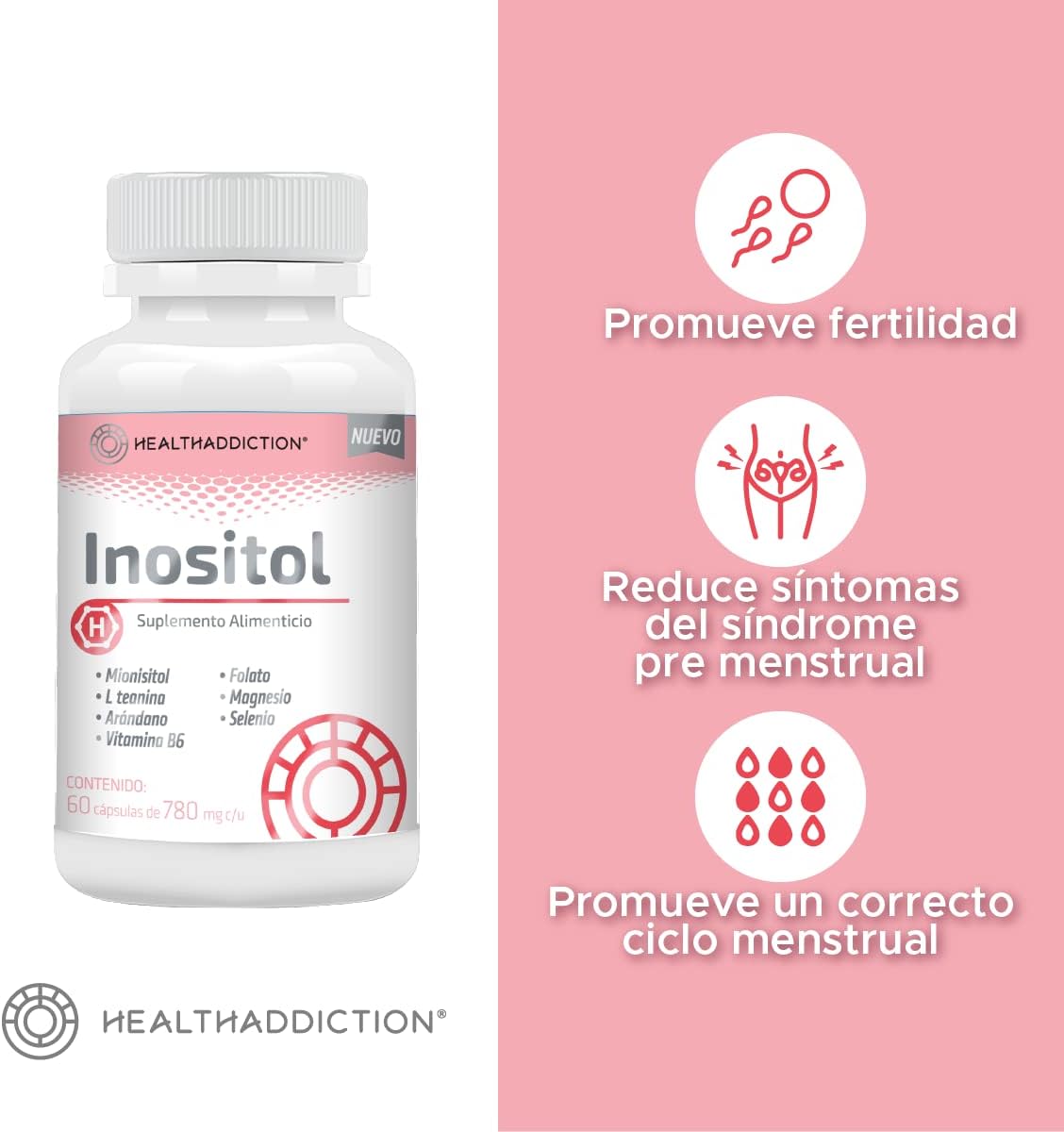 Foto 4 pulgar | Inositol Healthaddiction Myo Inositol L Teanina Arándano Vitamina B6 Folato Magnesio y Selenio 60 Cápsulas