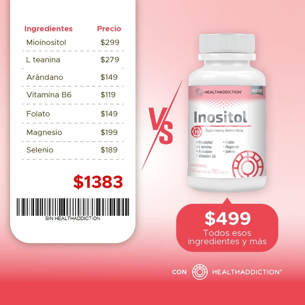 Foto 7 pulgar | Inositol Healthaddiction Myo Inositol L Teanina Arándano Vitamina B6 Folato Magnesio y Selenio 60 Cápsulas