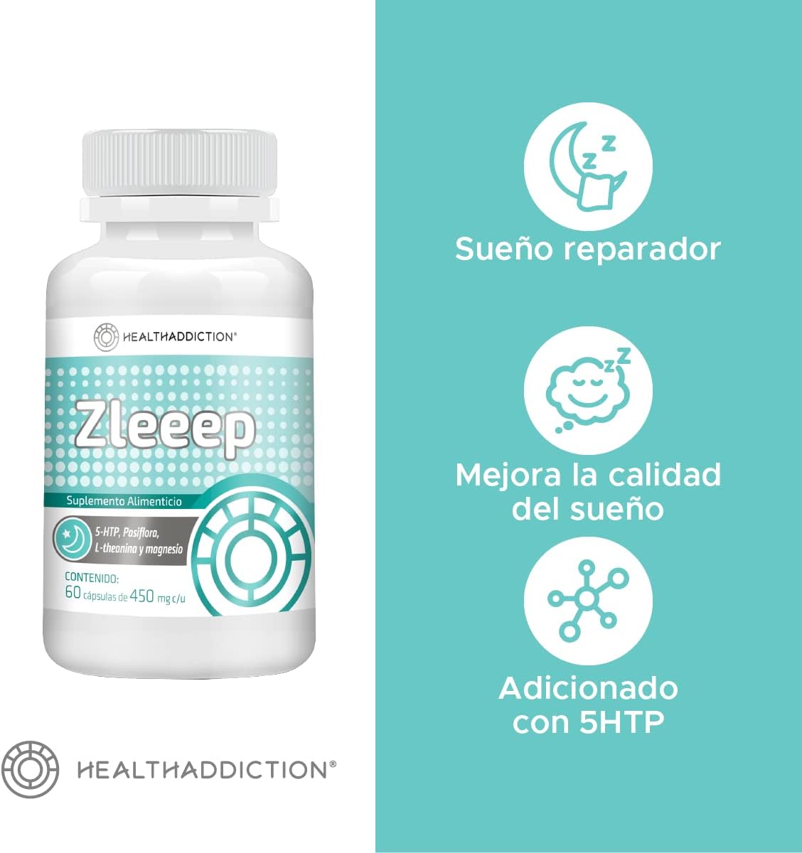 Foto 4 pulgar | Suplemento Zleep Healthaddiction L-teanina Pasiflora Magnesio y 5htp 60 Cápsulas