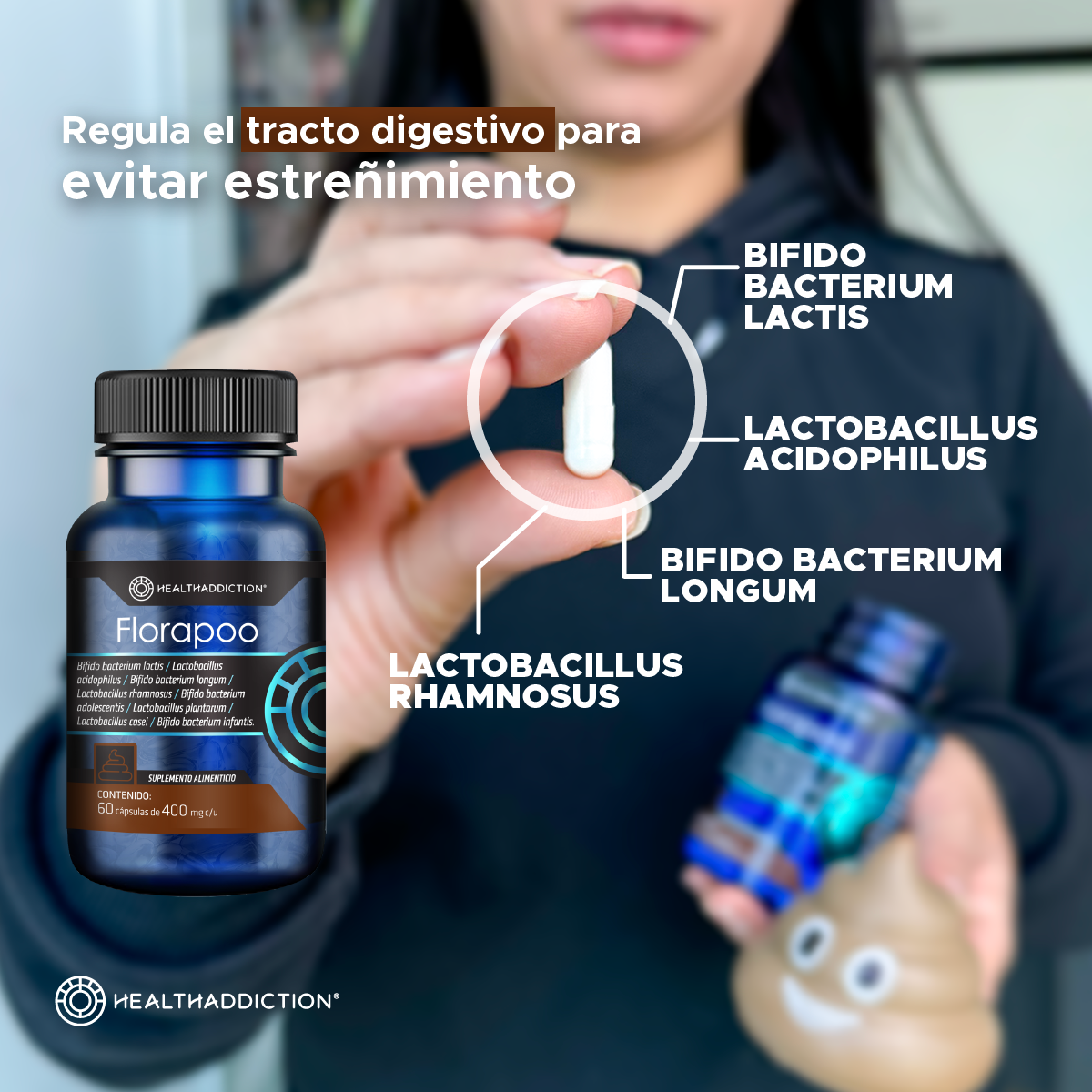 Foto 6 pulgar | Probióticos Healthaddiction Florapoo Alivia Estreñimiento Y Mejora Digestión Fortalece Flora Intestinal 60 Cápsulas
