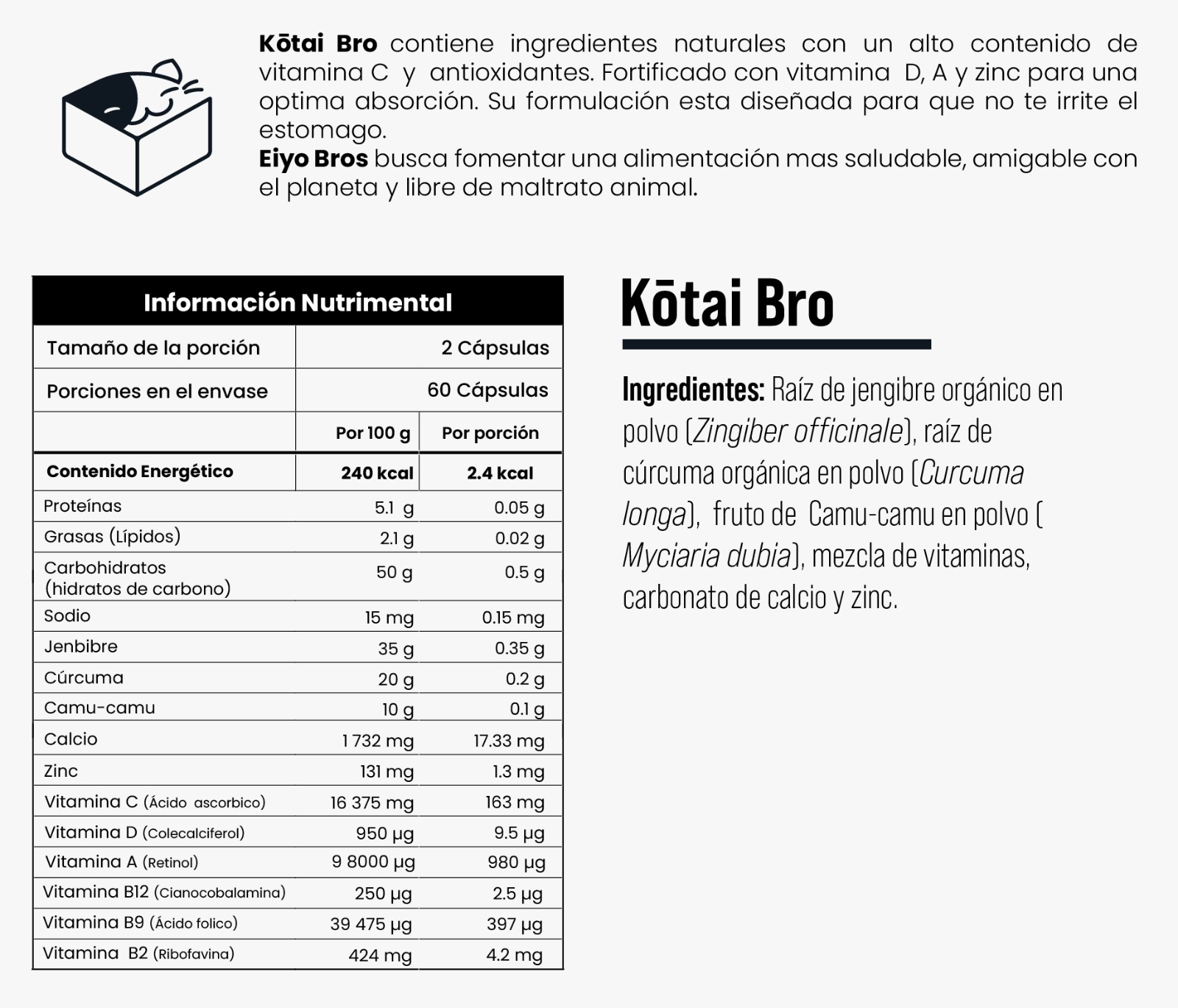Foto 6 pulgar | Kotai Bro Eiyo Bros Cápsulas Con Cúrcuma+Jengibre+Camu-camu+Vitaminas (c,d,a) (sistema Inmune Y Antioxidante)