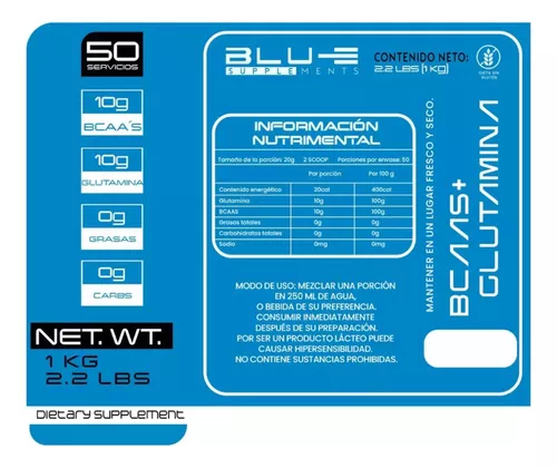 Foto 4 pulgar | Aminoácidos Bcaas + Glutamina Blu-e De 1kg Para 50 Servicios Sabor Naranja
