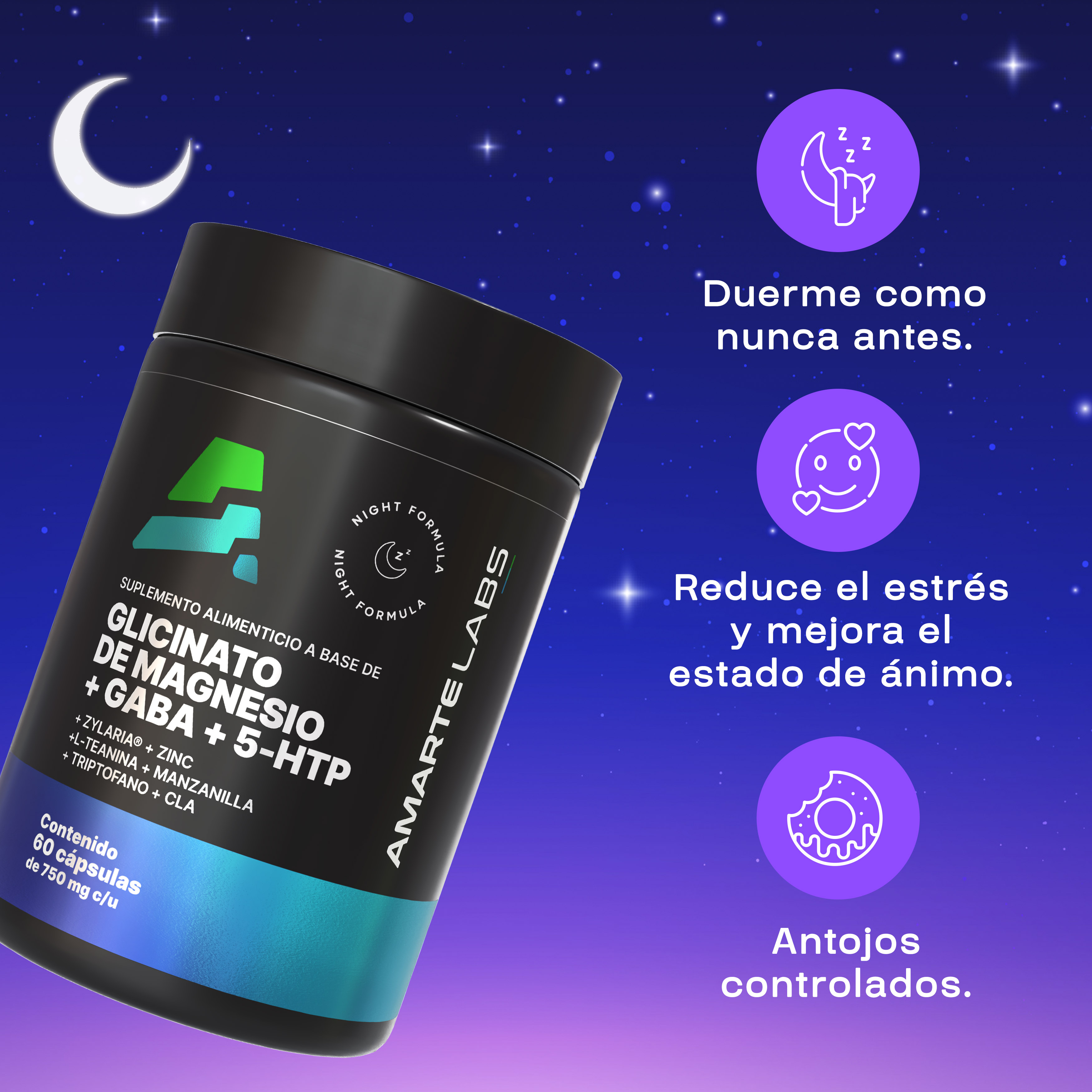 Foto 4 pulgar | Suplemento Alimenticio Amarte Labs Glicinato de Magnesio + Gaba + 5-htp 60 Cápsulas