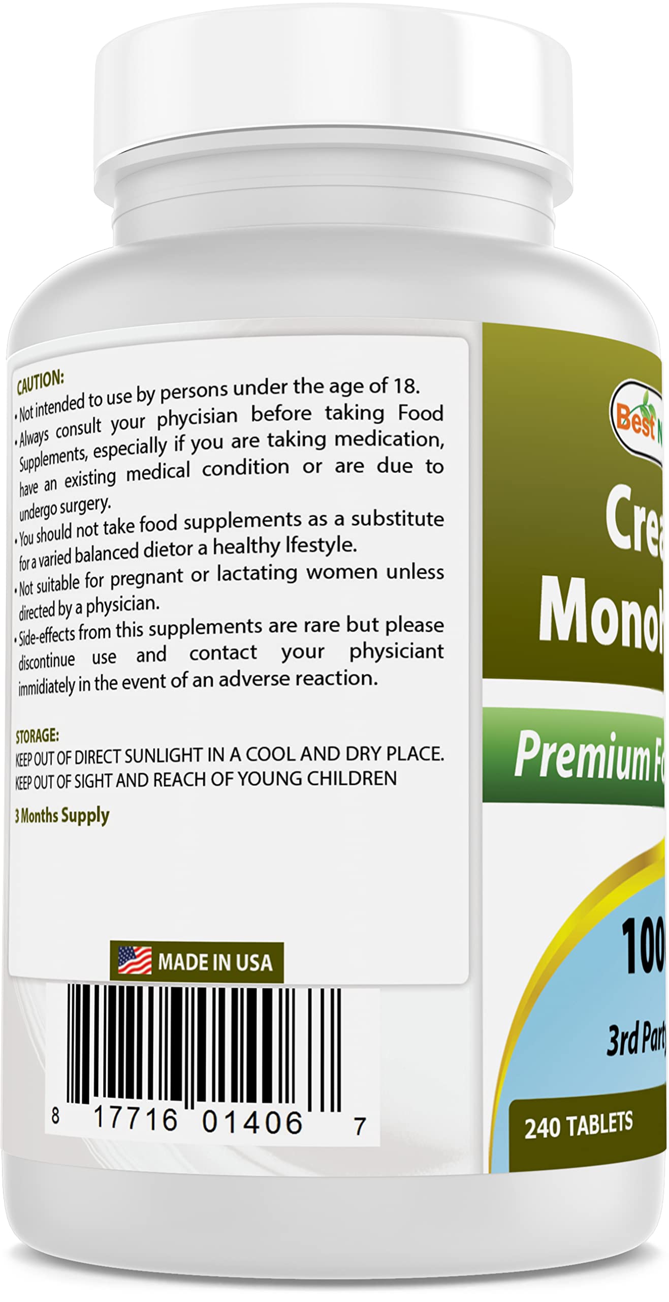 Foto 4 pulgar | Suplemento Best Naturals de Monohidrato de Creatina 1000 mg 240 Comprimidos - Venta Internacional