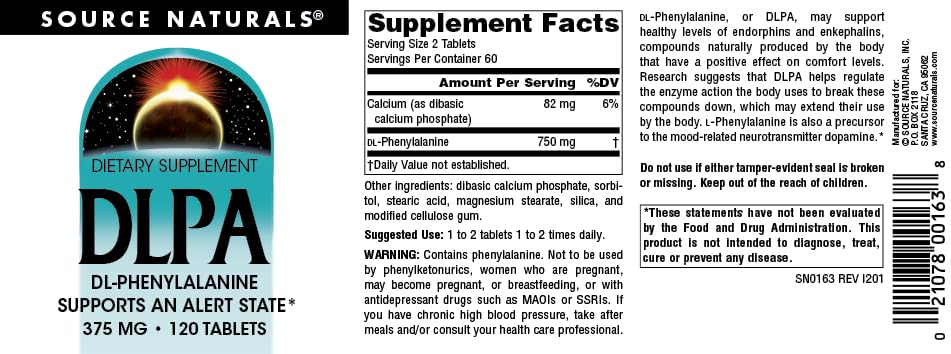 Foto 4 | Supplement Source Naturals Dlpa Dl-fenilalanina 375 Mg 120 Comprimidos - Venta Internacional.