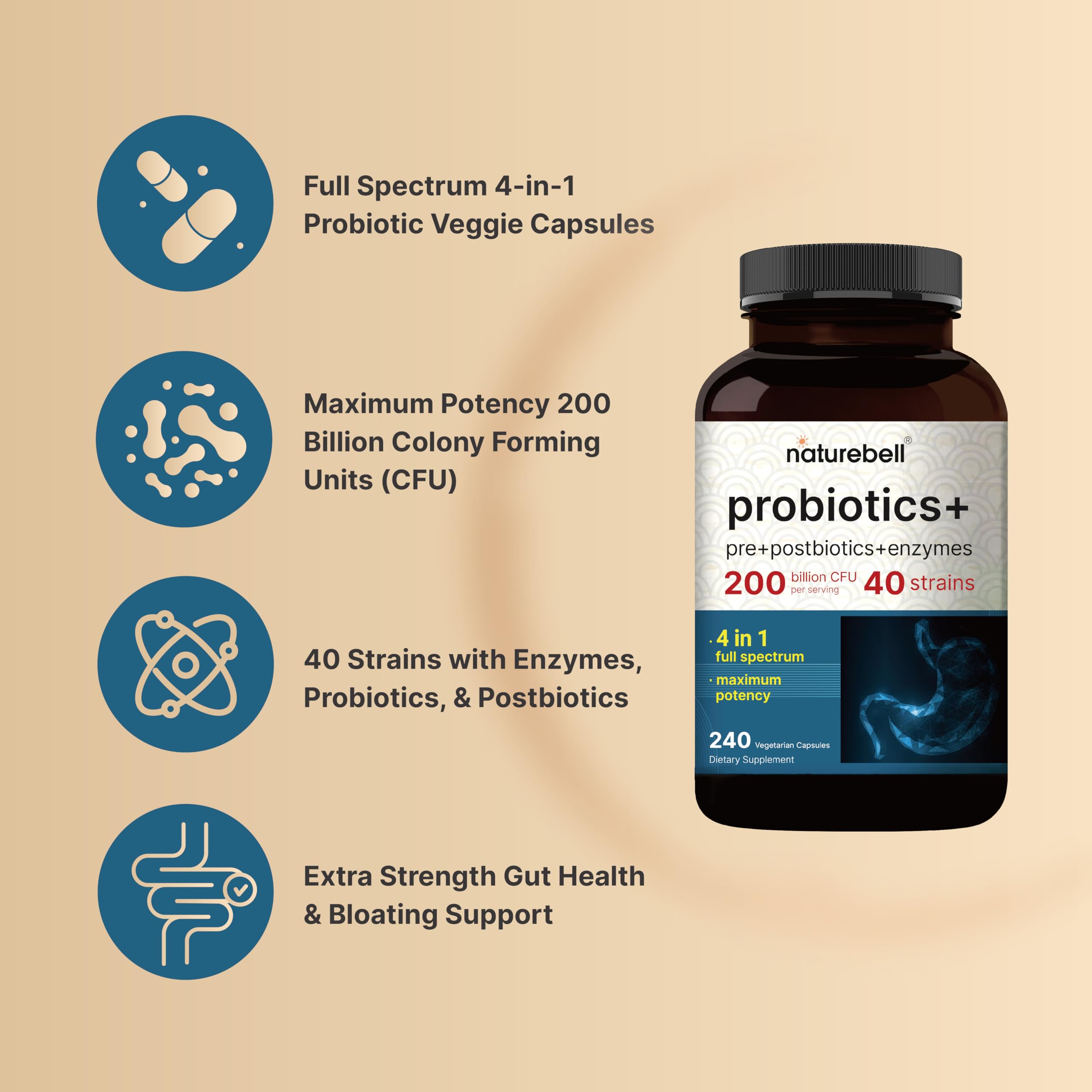 Foto 4 pulgar | Suplemento Naturebell Probiotics, 200 Mil Millones De Cfu, 240 Cápsulas - Venta Internacional.