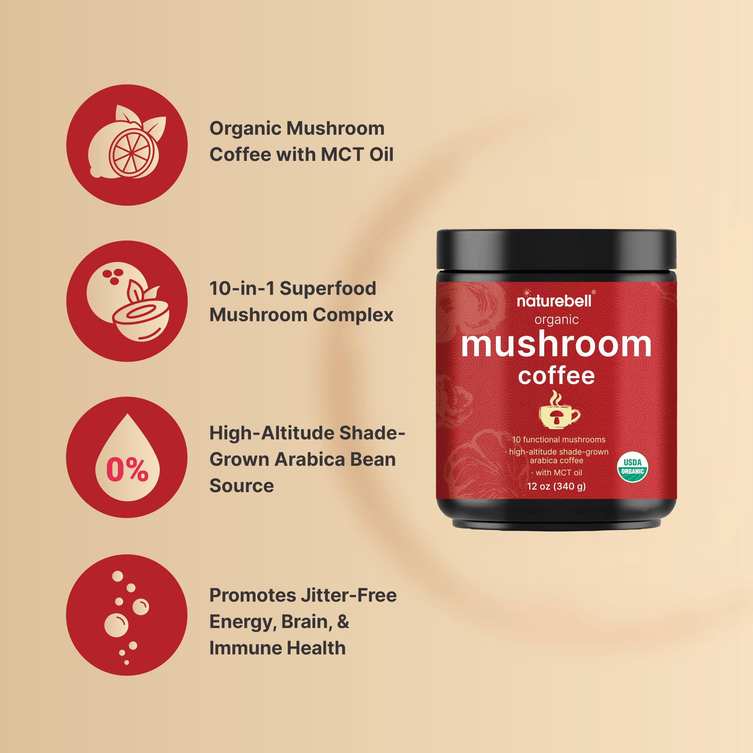 Foto 4 pulgar | Hongo Orgánico Coffee Naturebell Con Aceite Mct, 355 Ml, 85 Porciones - Venta Internacional.