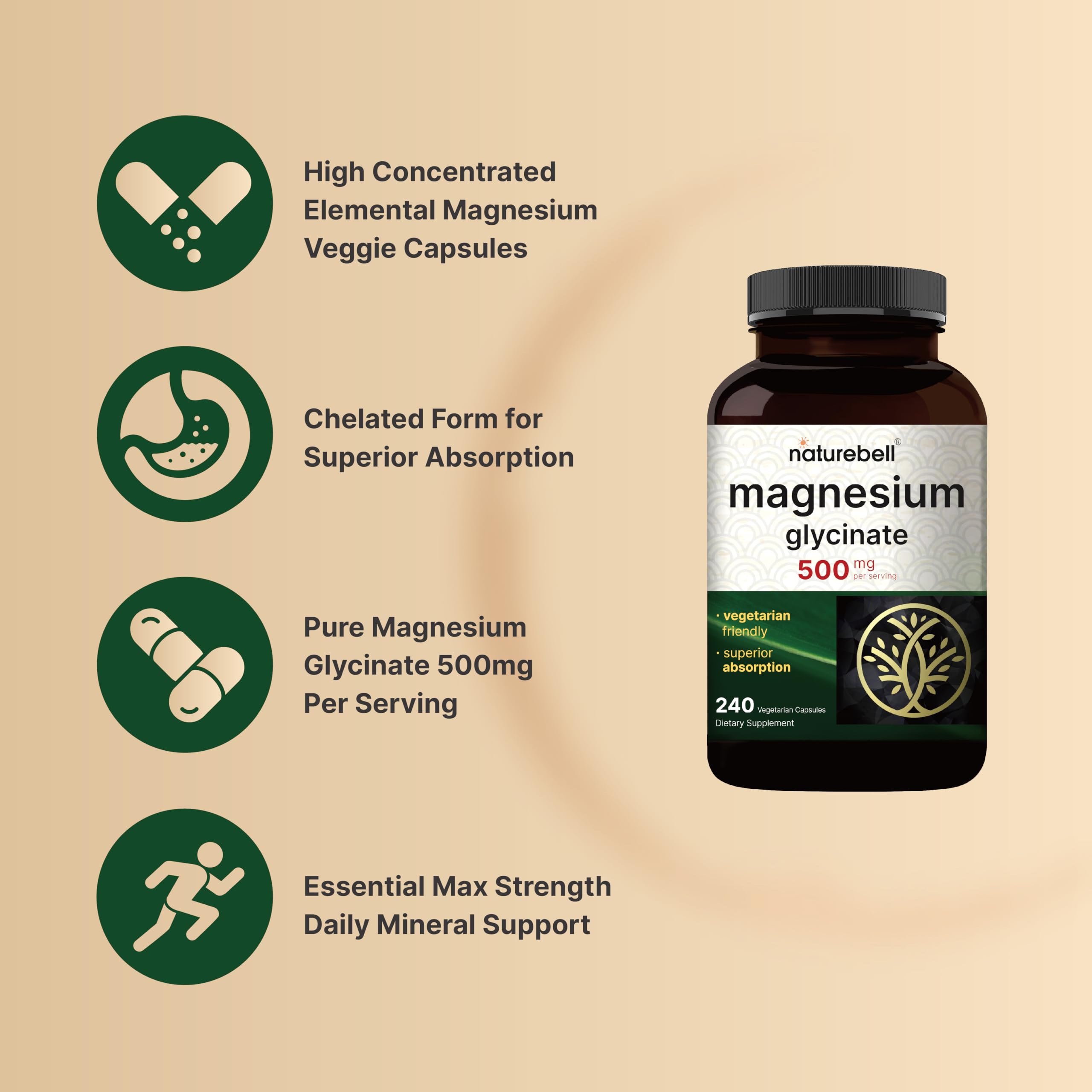 Foto 4 pulgar | Suplemento De Glicinato De Magnesio Naturebell 500 Mg 240 Cápsulas - Venta Internacional.