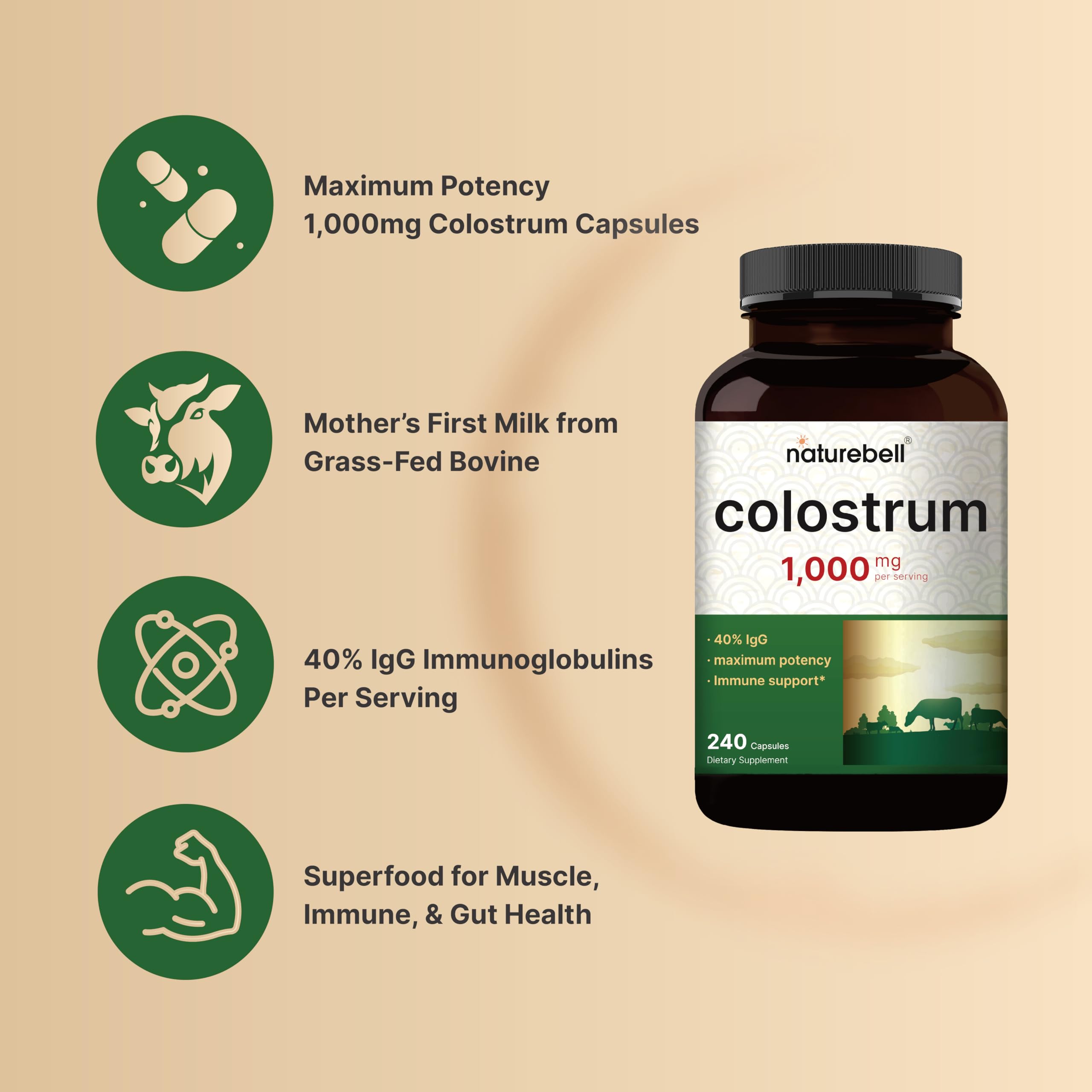 Foto 4 pulgar | Suplemento De Calostro Naturebell 1000 Mg 240 Cápsulas - Venta Internacional.