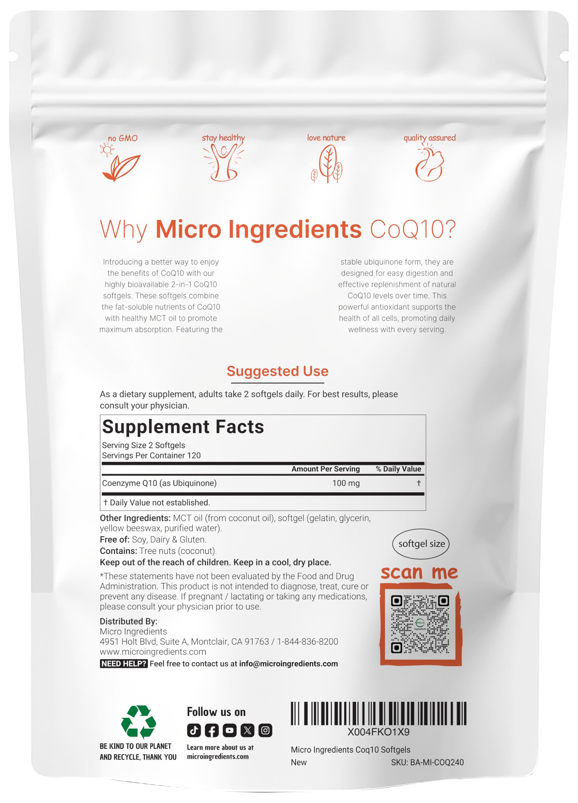 Foto 2 | Suplemento: Microingredientes (coq10, 100 Mg, 240 Cápsulas Blandas) - Venta Internacional.