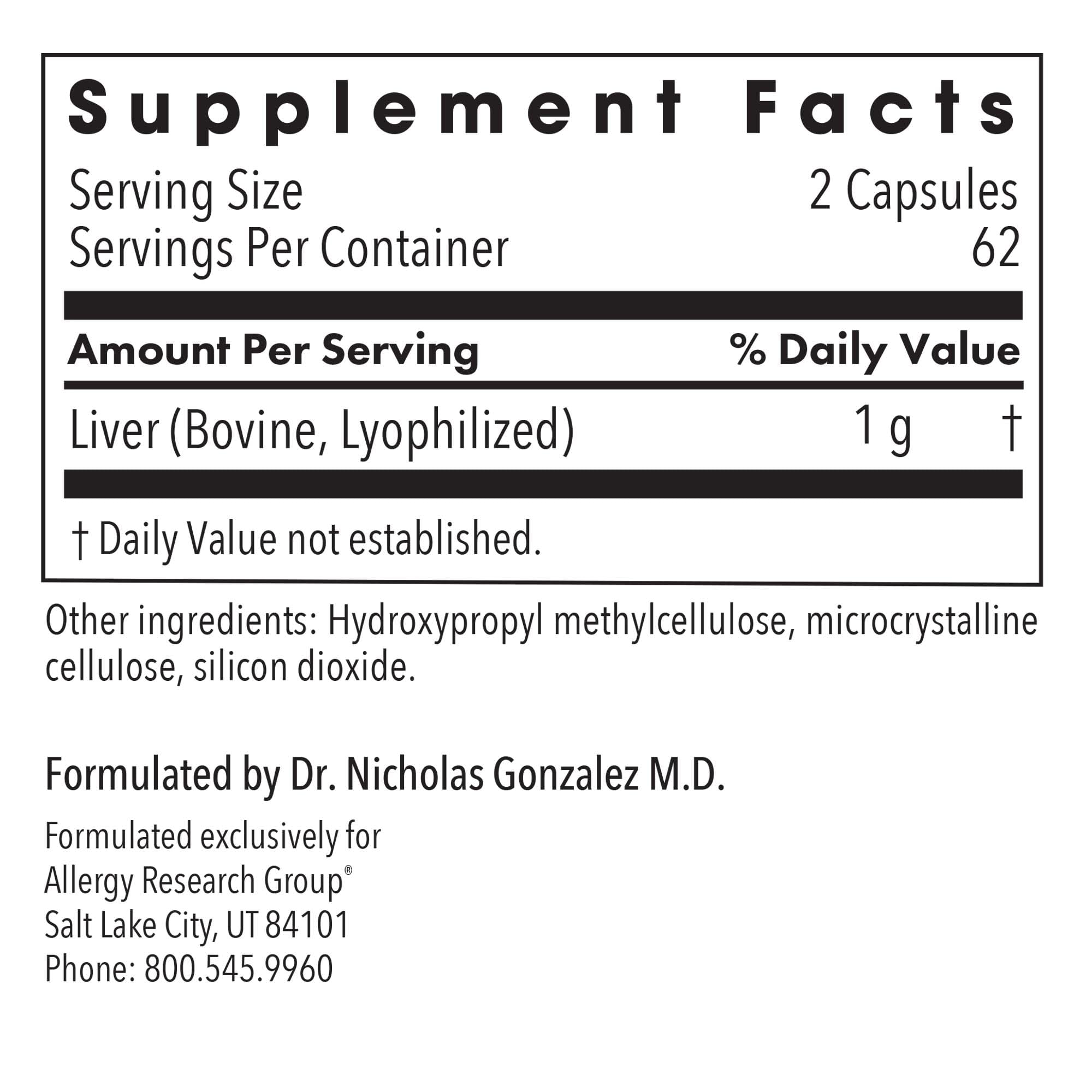 Foto 4 pulgar | Suplemento Allergy Research Group, Hígado De Res, 1000 Mg, 125 Cápsulas - Venta Internacional.