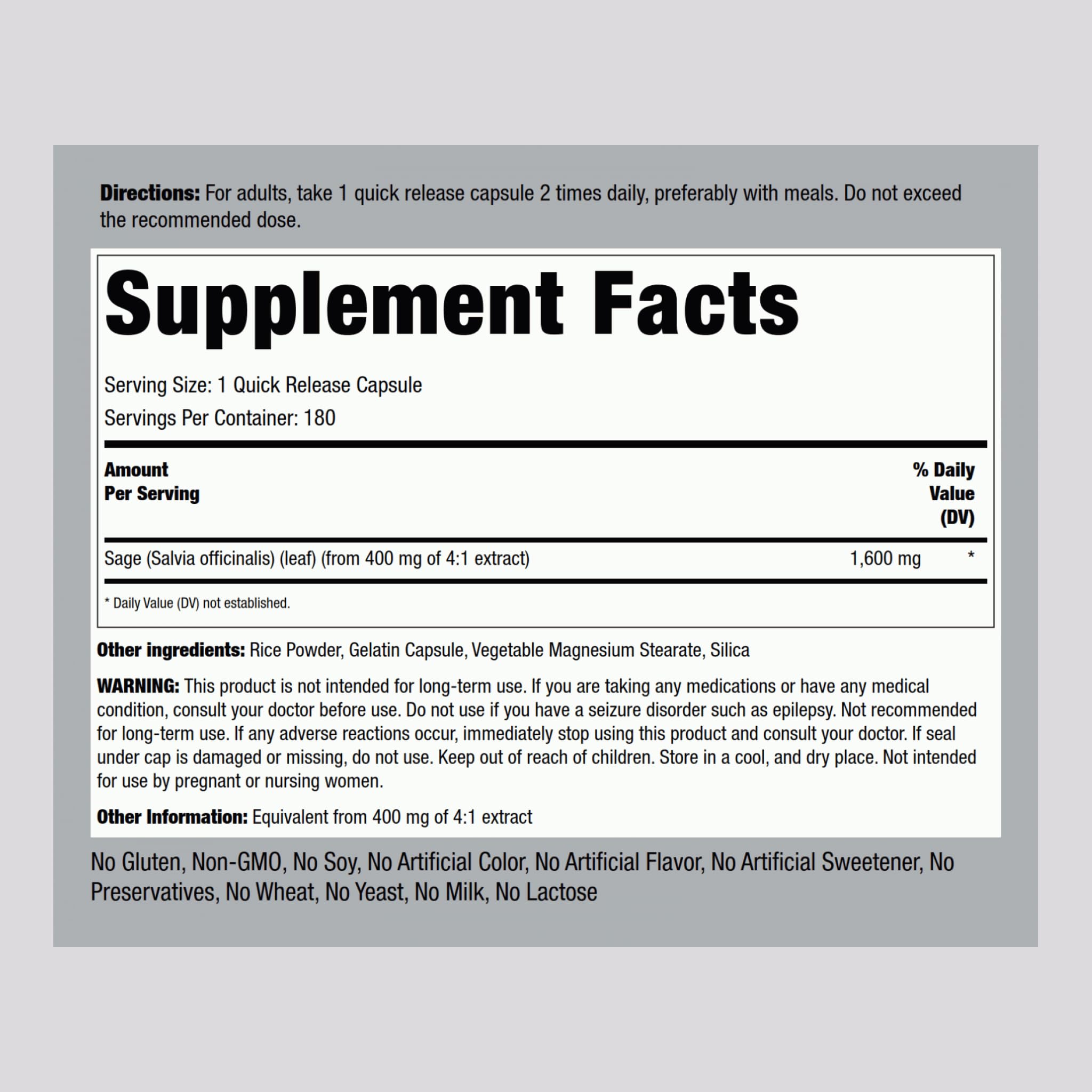 Foto 3 pulgar | Suplemento Piping Rock Sage 1600 Mg 180 Cápsulas - Venta Internacional.