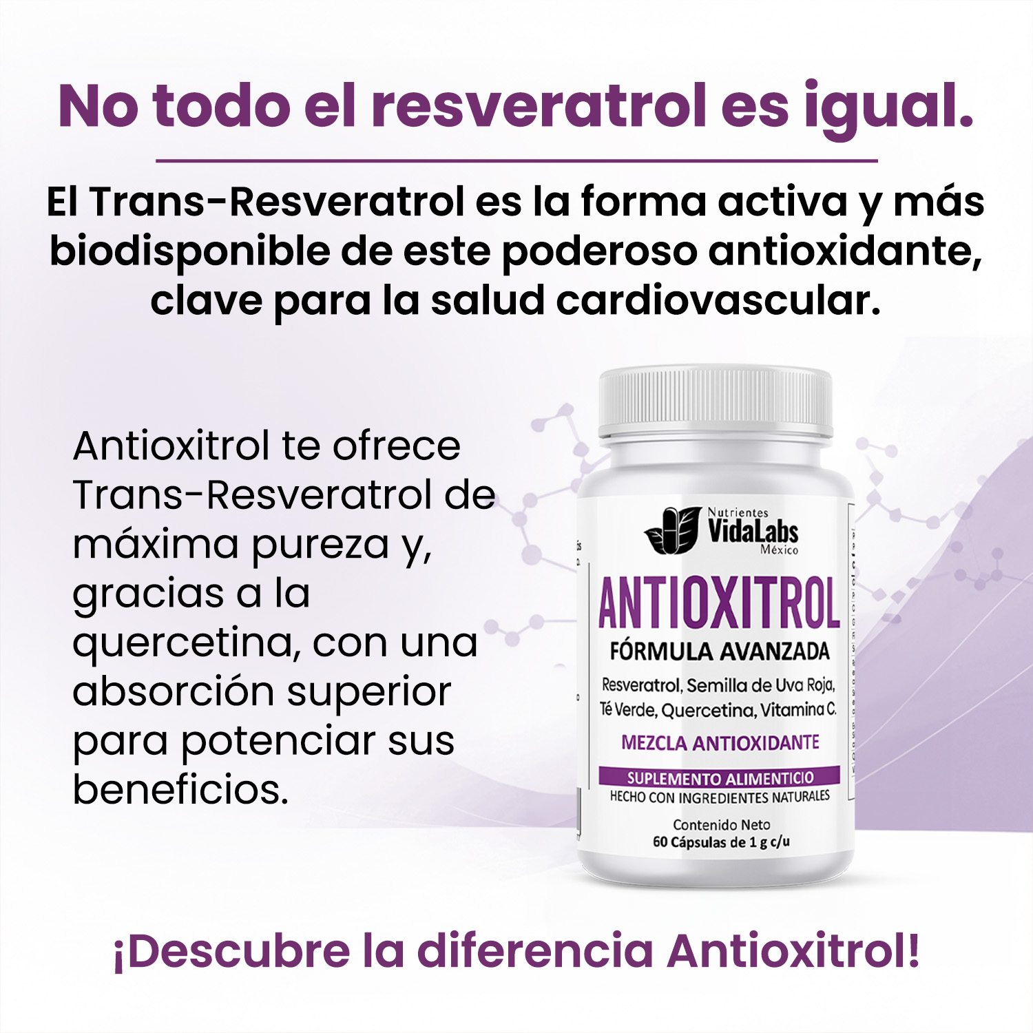 Foto 4 pulgar | Suplemento Antioxitrol Nutrientes Vidalabs México Antioxidantes Premium Resveratrol