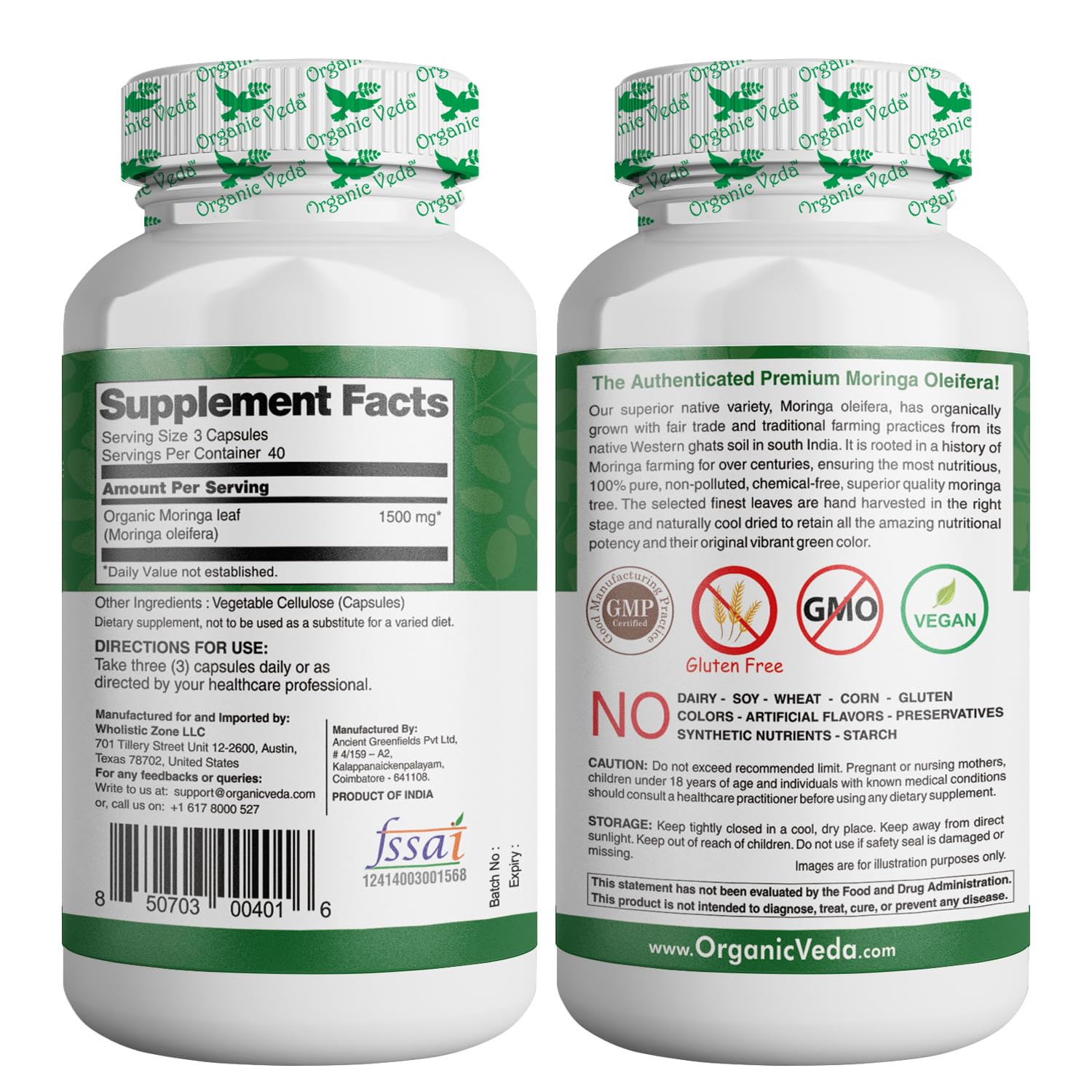 Foto 3 pulgar | Suplemento Orgánico De Hojas De Moringa Veda, 1500 Mg, 120 Unidades - Venta Internacional.