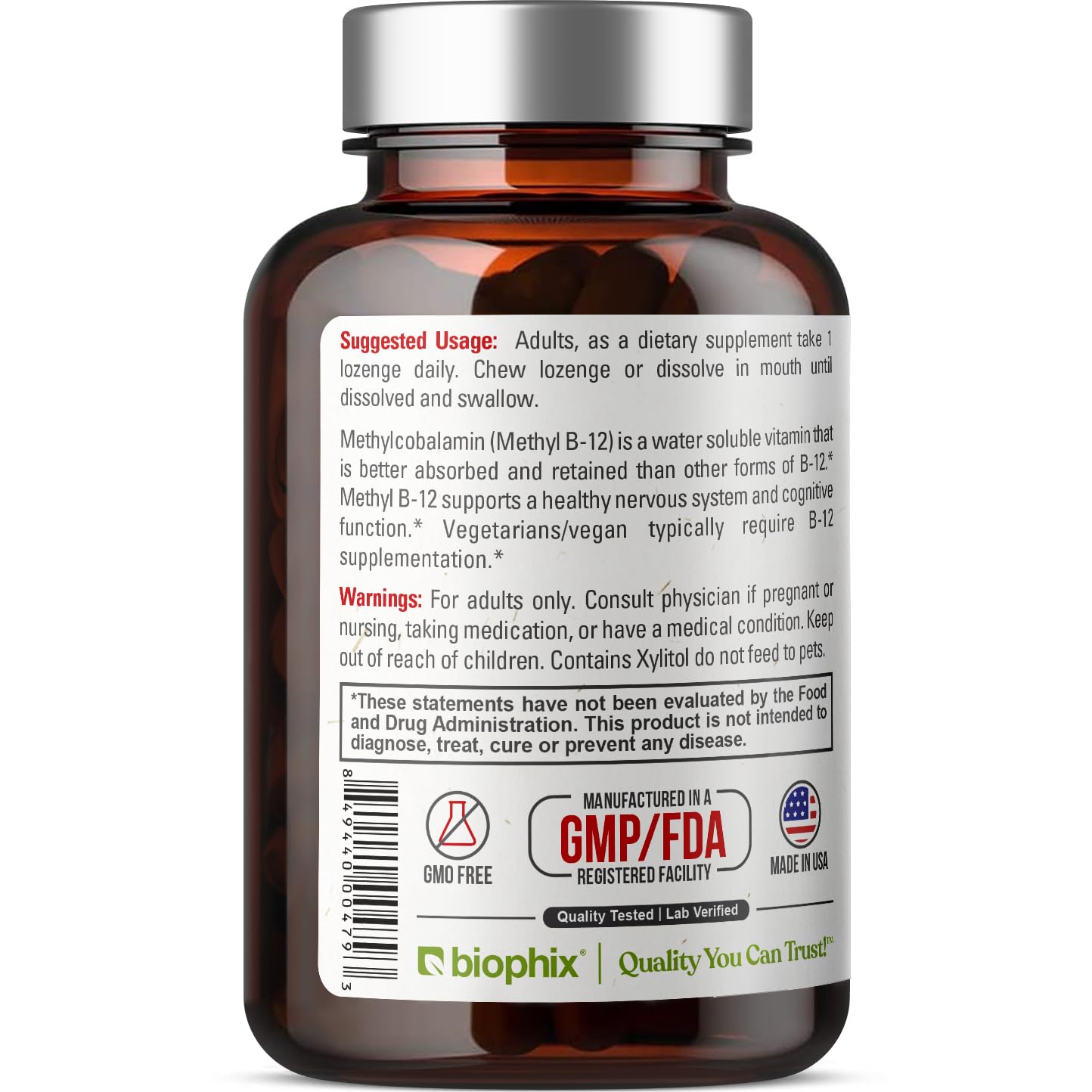 Foto 4 pulgar | Suplemento Biophix Methyl B-12 De 10,000 Mcg, 90 Pastillas Veganas - Venta Internacional.