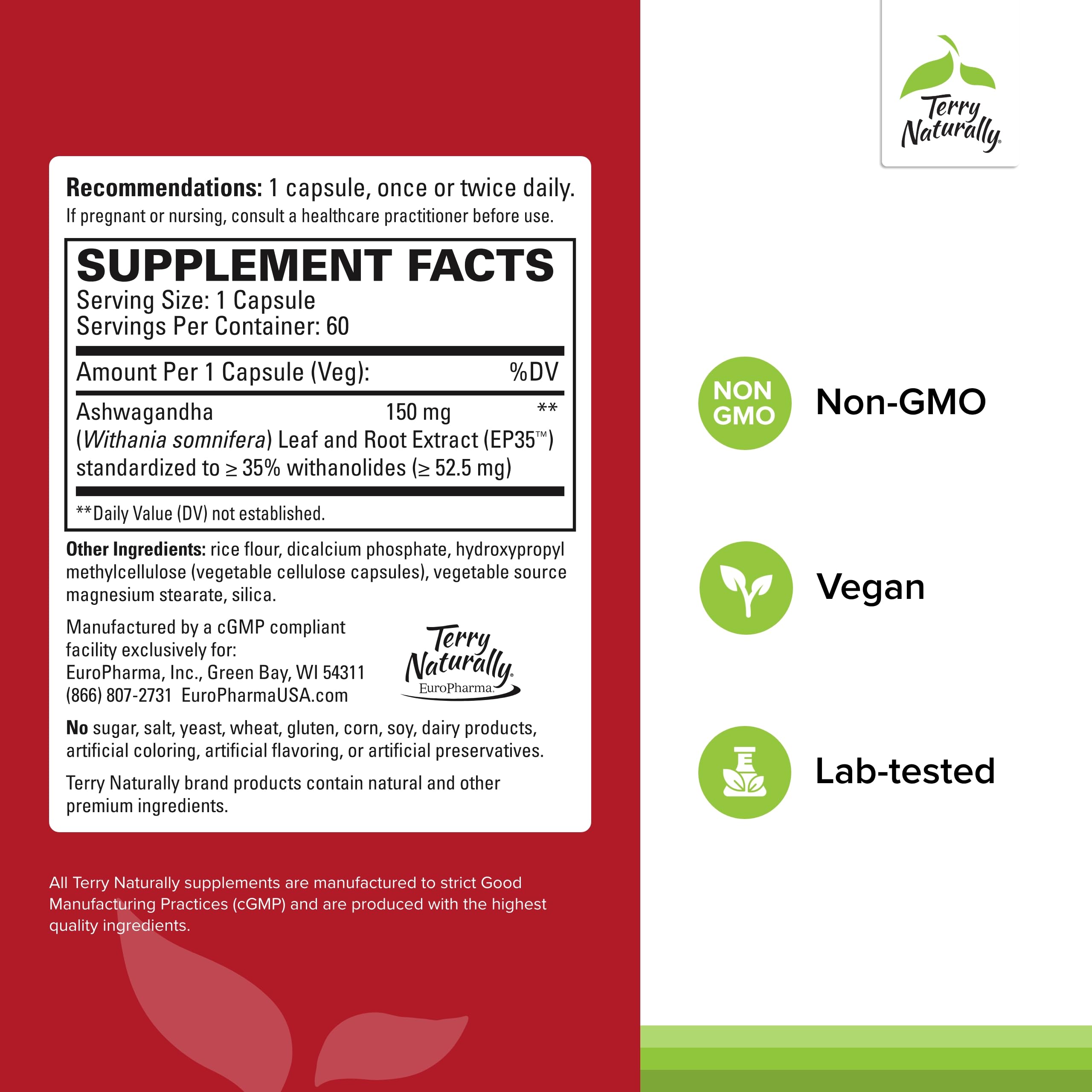 Foto 3 pulgar | Suplemento Terry Naturally Ashwagandha Ep35 Extra Strength - Venta Internacional.