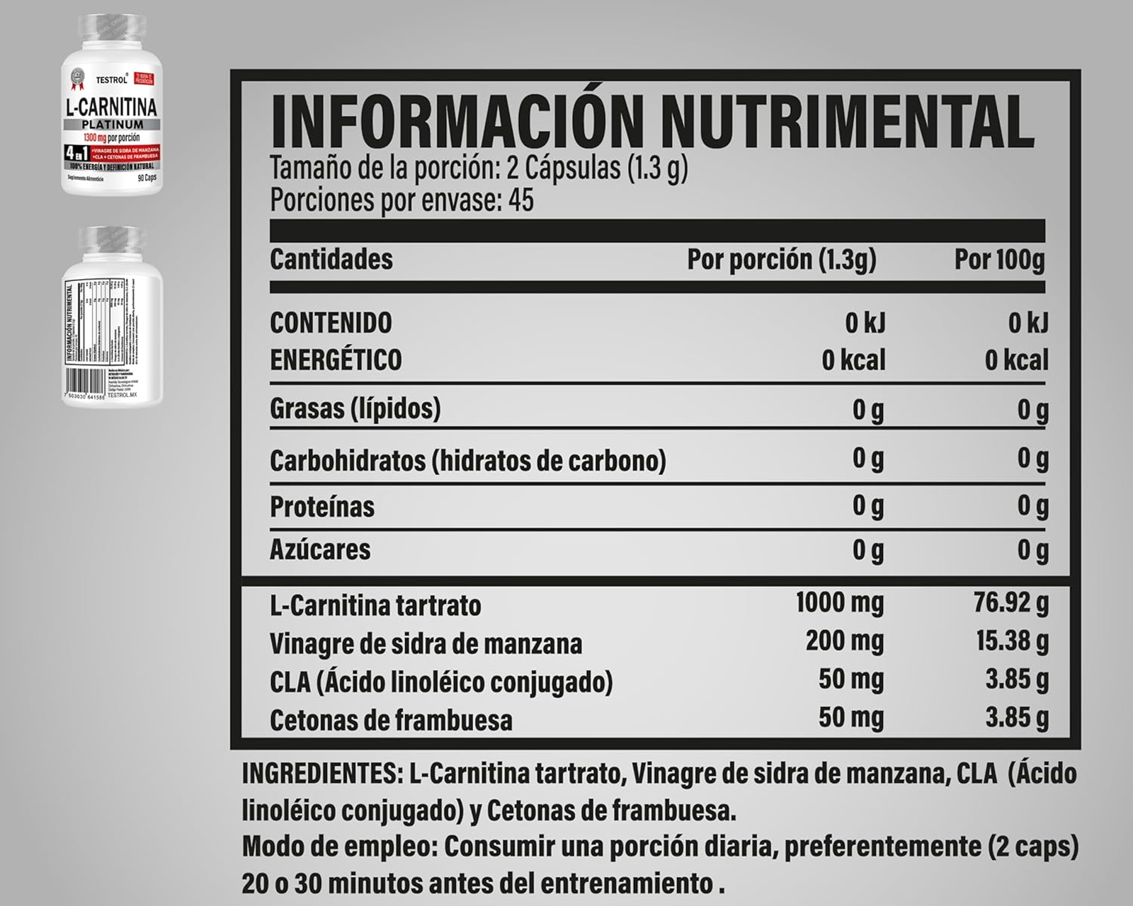Foto 3 pulgar | Testrol 4 en 1 L-Carnitina Platinum 1300 mg 90 Cápsulas