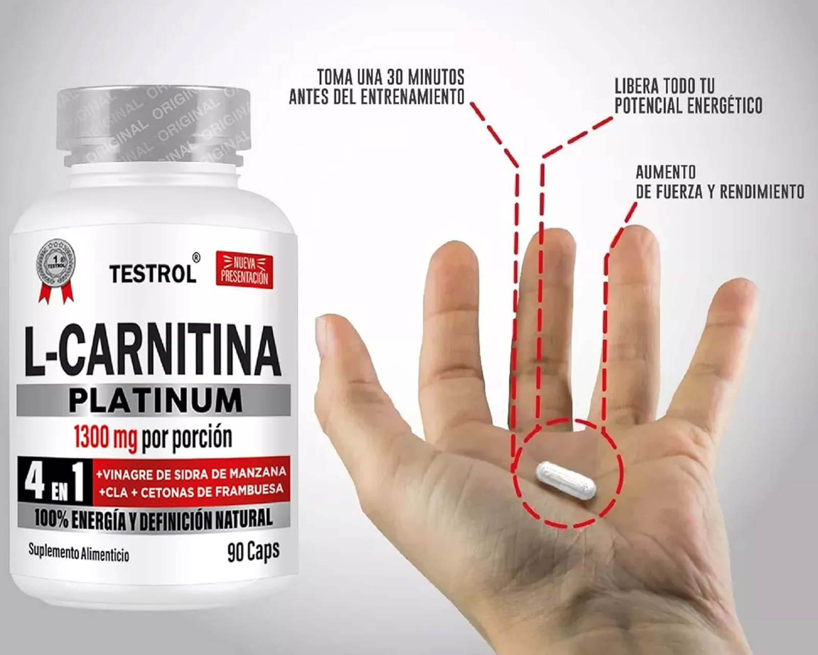 Foto 5 pulgar | Testrol 4 en 1 L-Carnitina Platinum 1300 mg 90 Cápsulas